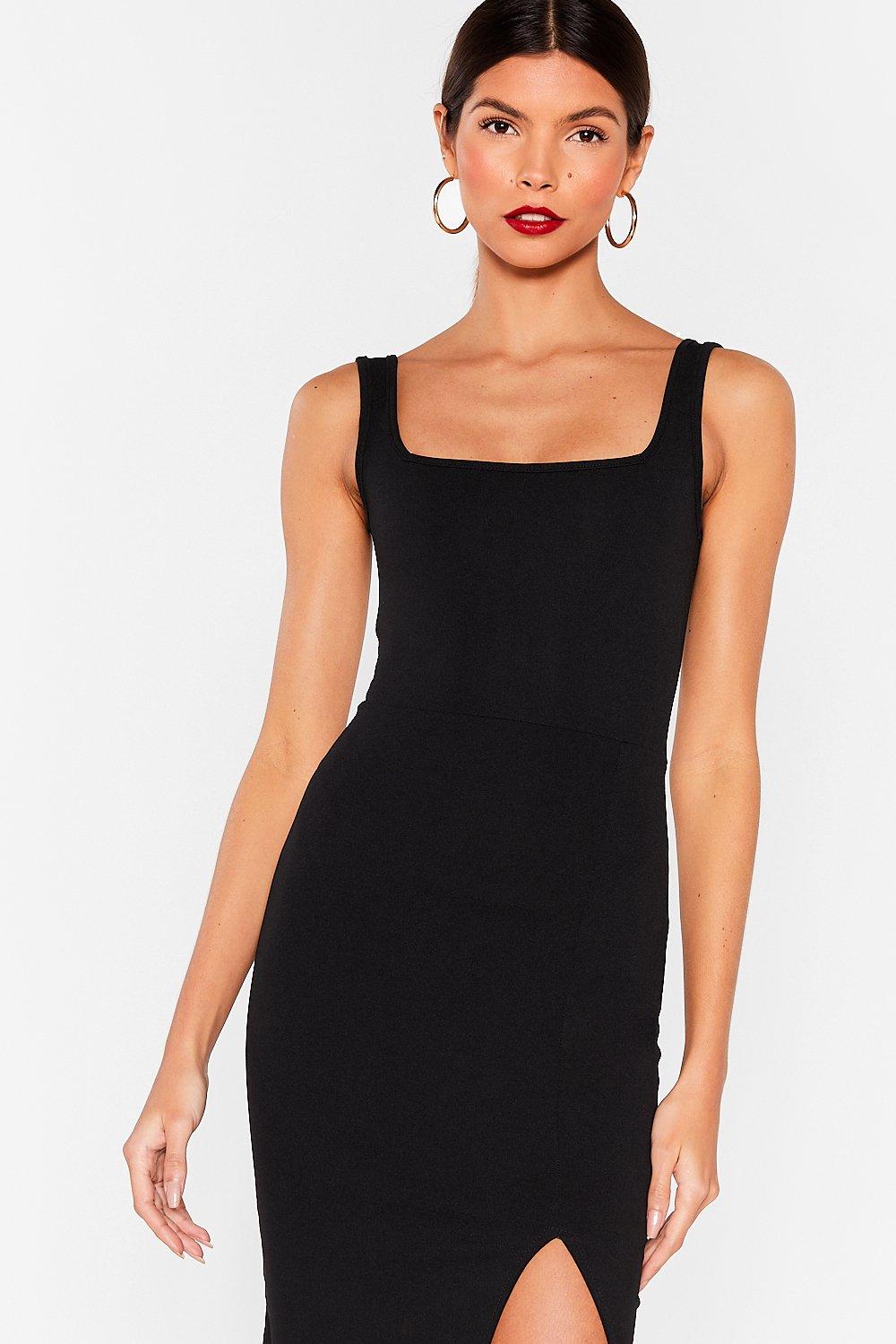 Square Neck Slit Bodycon Midi Dress