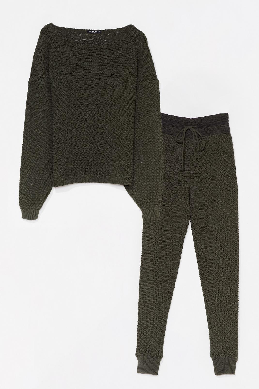 Khaki Knit Off the Shoulder Sweater and Sweatpants Set image number 1
