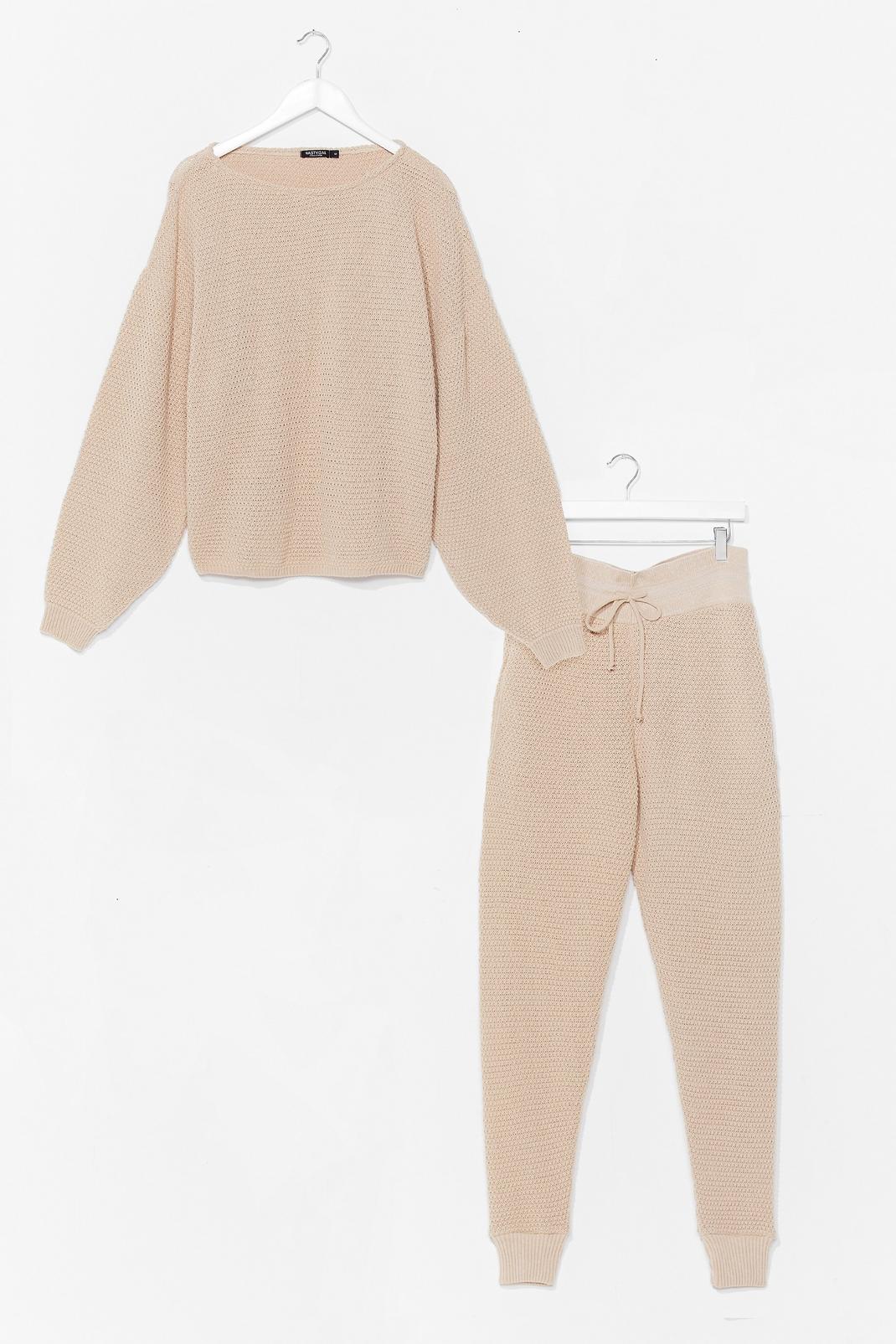 Oatmeal Knit Off the Shoulder Sweater and Sweatpants Set image number 1