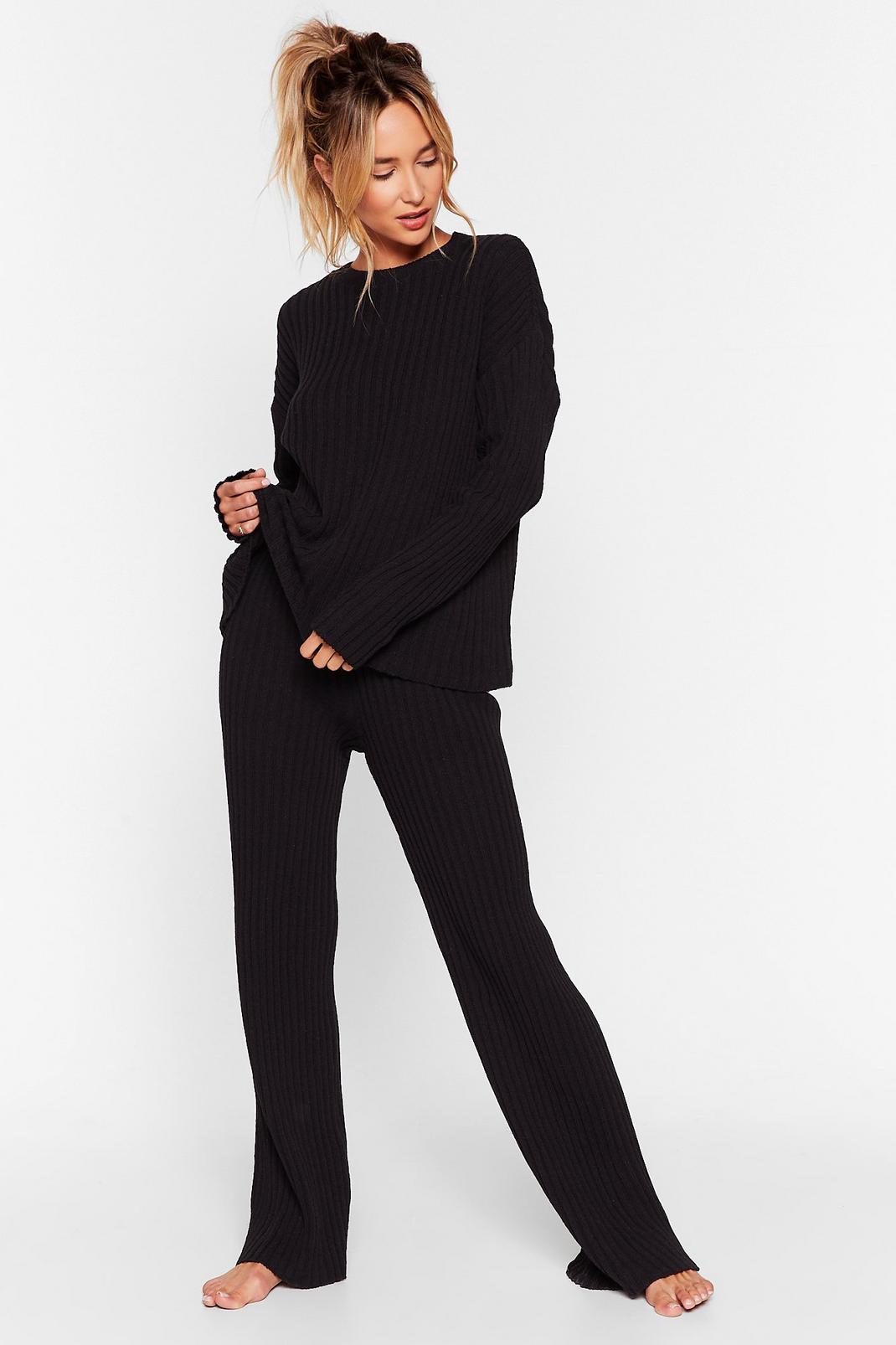 Black Shake Knit Off Jumper and Trousers Lounge Set image number 1