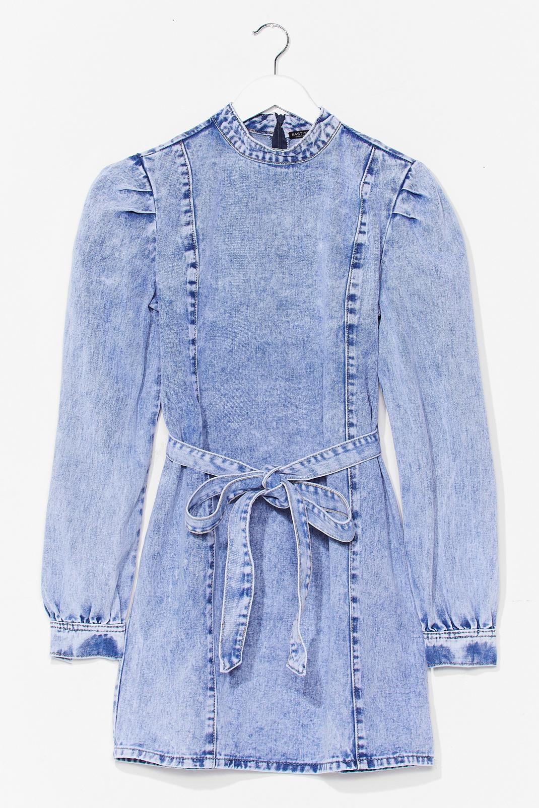 Blue Call Me Materialistic Denim Belted Mini Dress image number 1