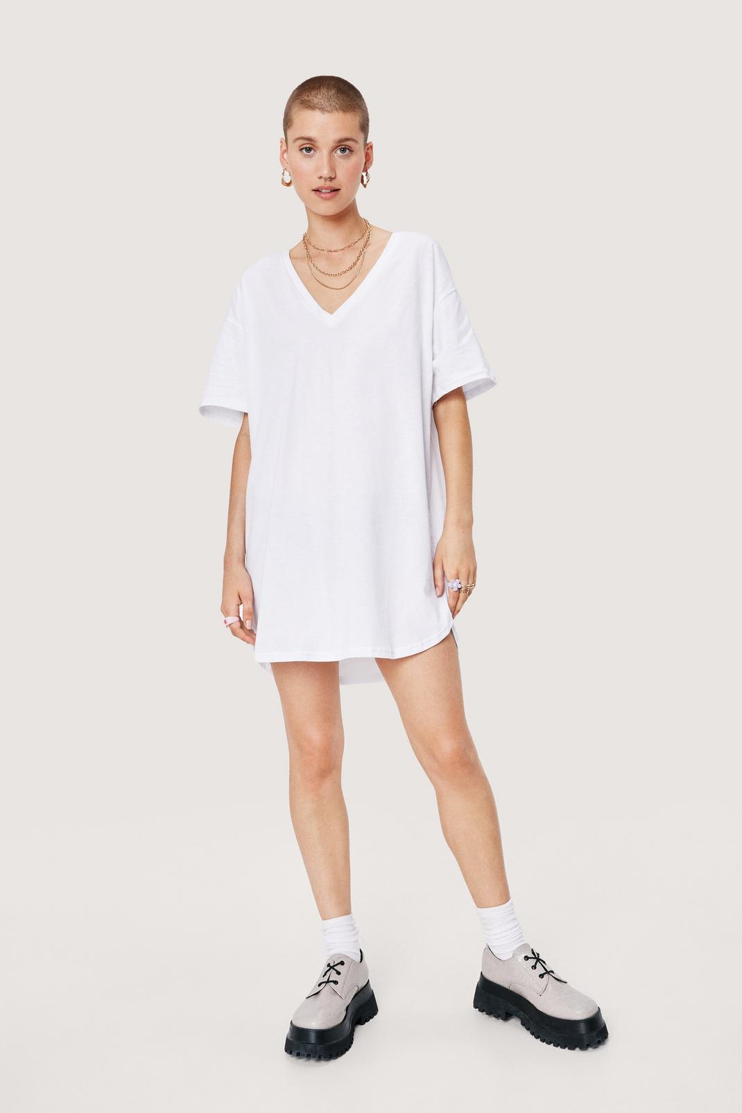 White Slouchy V Neck Mini T-Shirt Dress image number 1