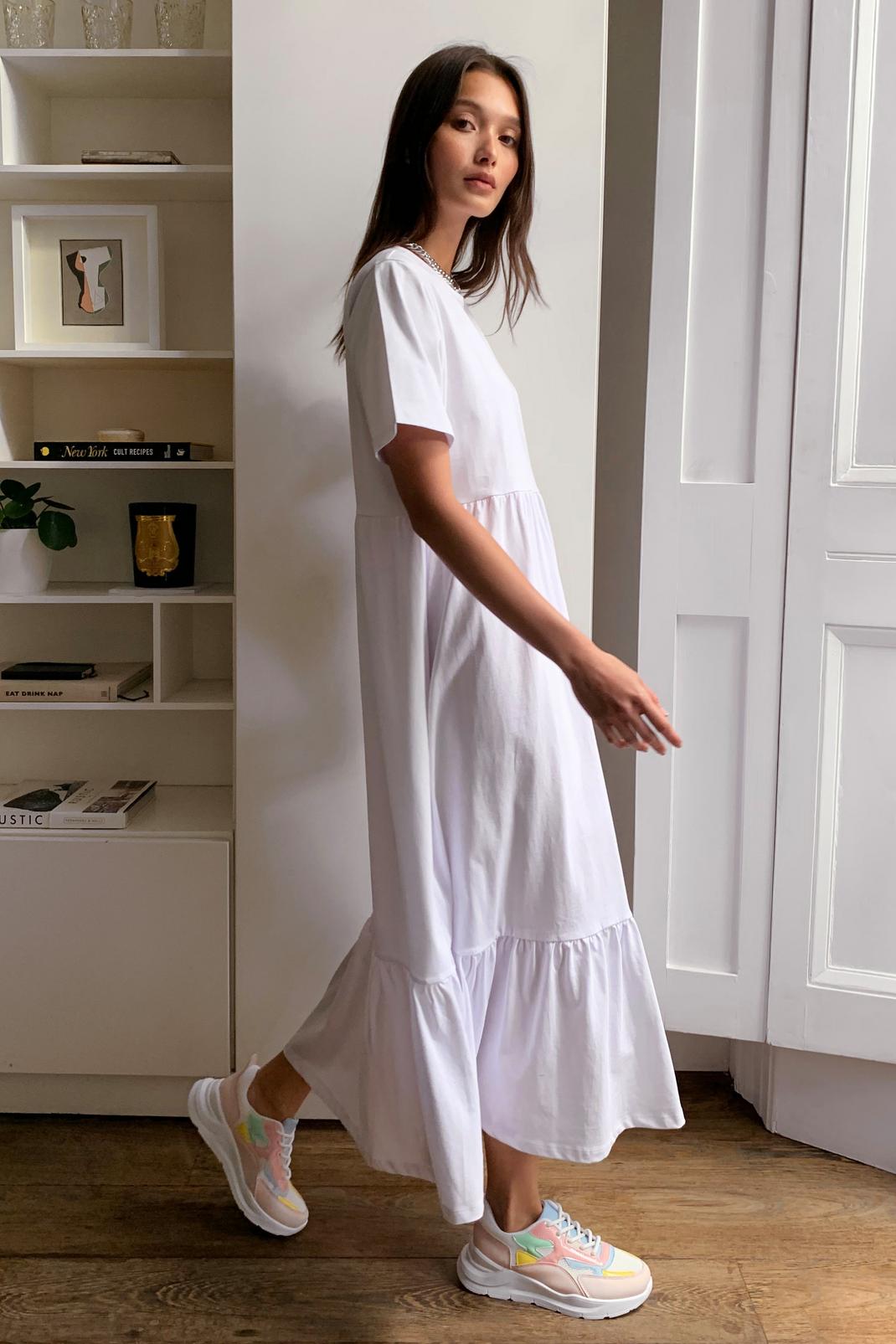 White Flowy Tiered Midi T-Shirt Dress image number 1