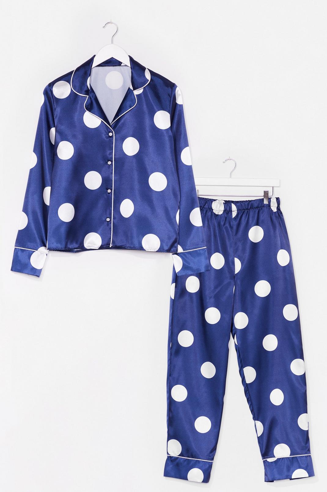 Navy Polka Dot Satin Pyjama Pants Set image number 1