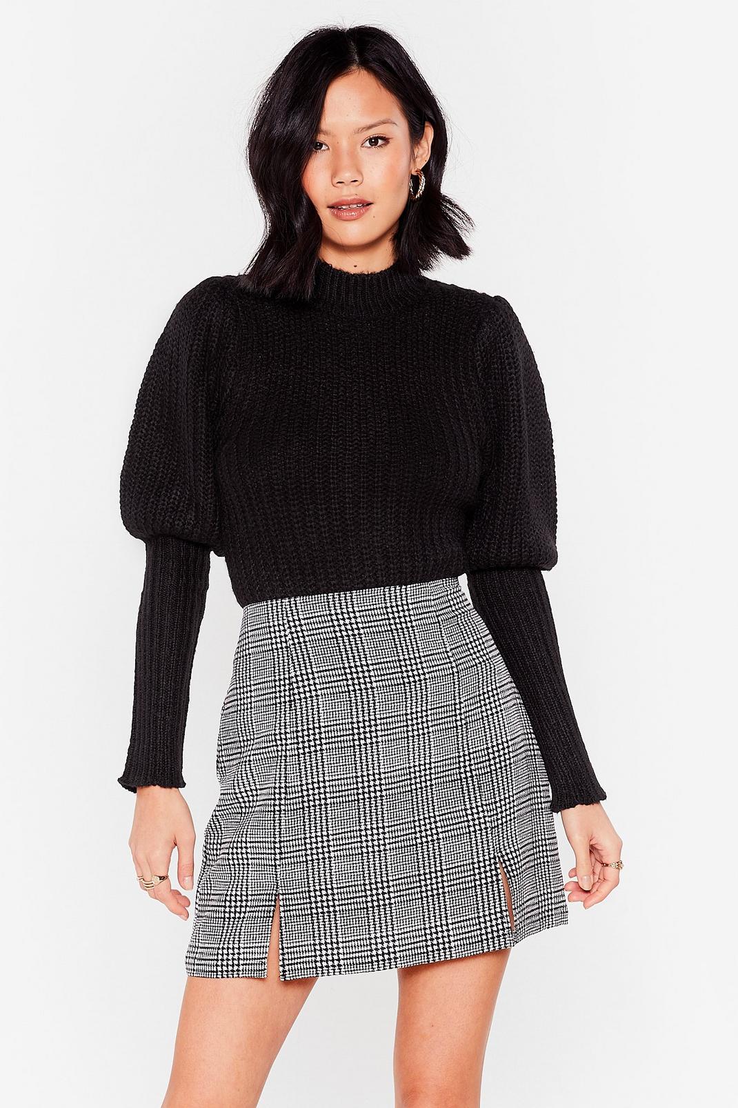 Black Puff Sleeve Knitted Ribbed Jumper image number 1