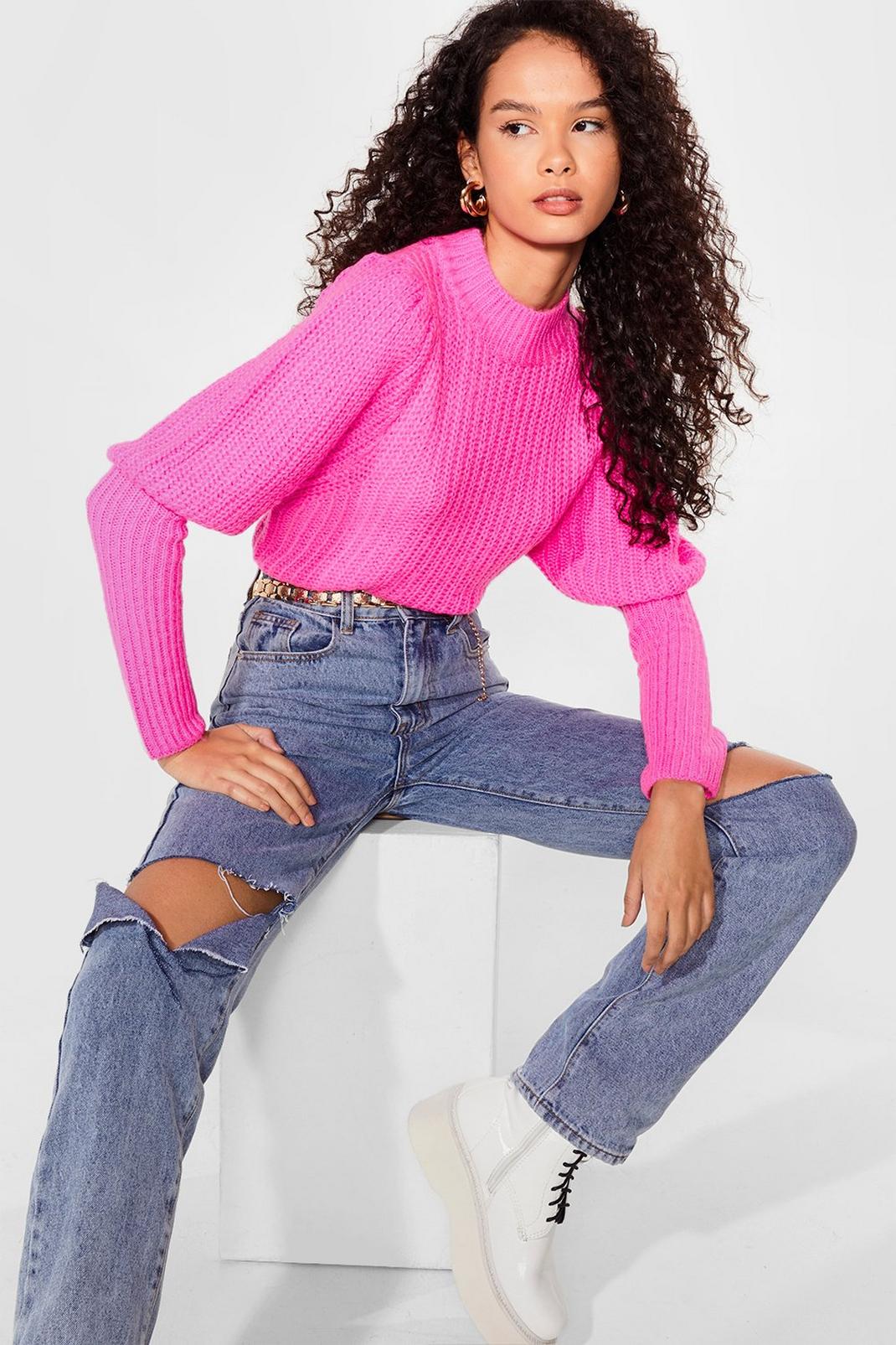 Pink Puff Sleeve Knitted Ribbed Jumper image number 1
