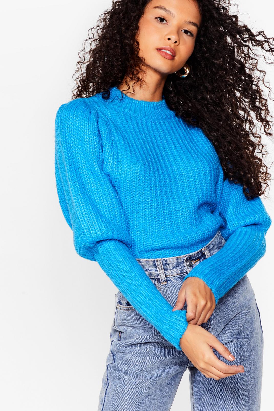 Turquoise Puff Sleeve Knitted Ribbed Jumper image number 1