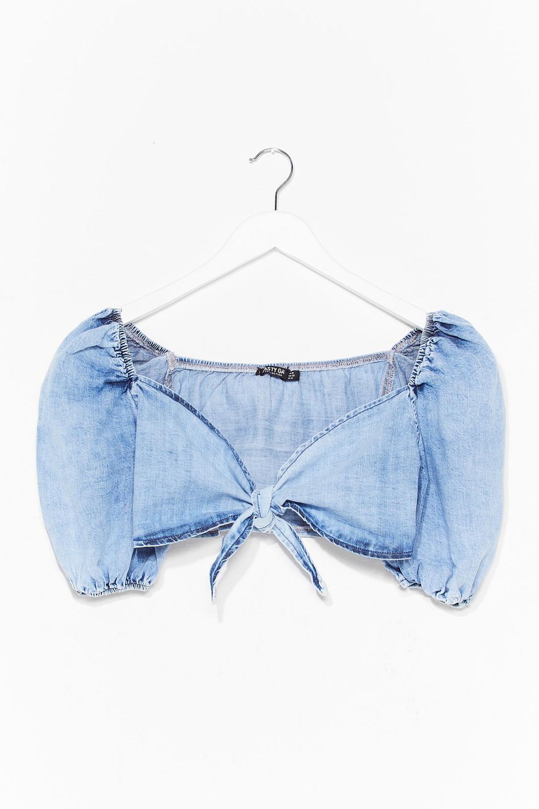 Washed blue You Bow My Name Denim Crop Top image number 1