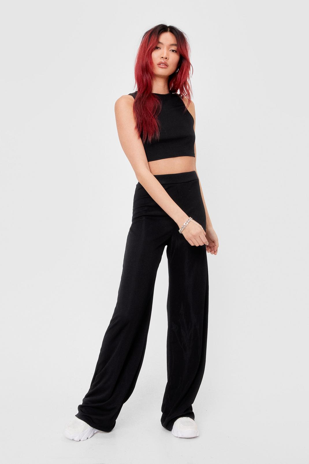 Black Crop Top and Wide Leg Trousers Set image number 1