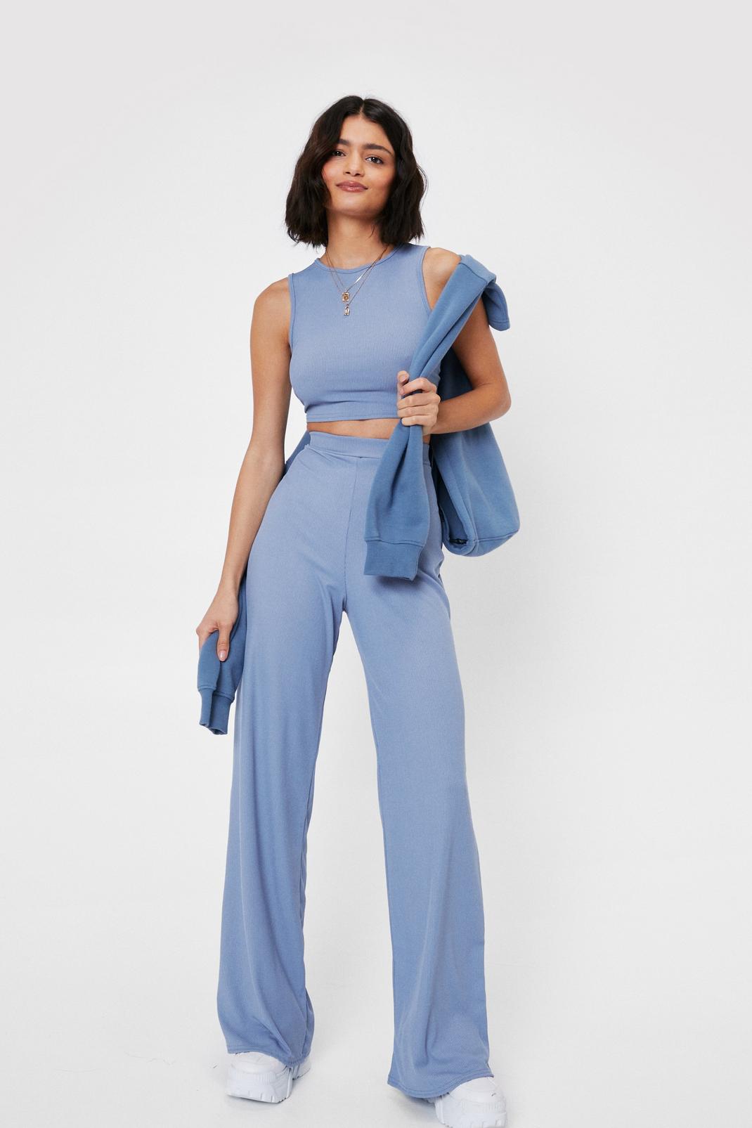 Blue Crop Top and Wide Leg Trousers Set image number 1