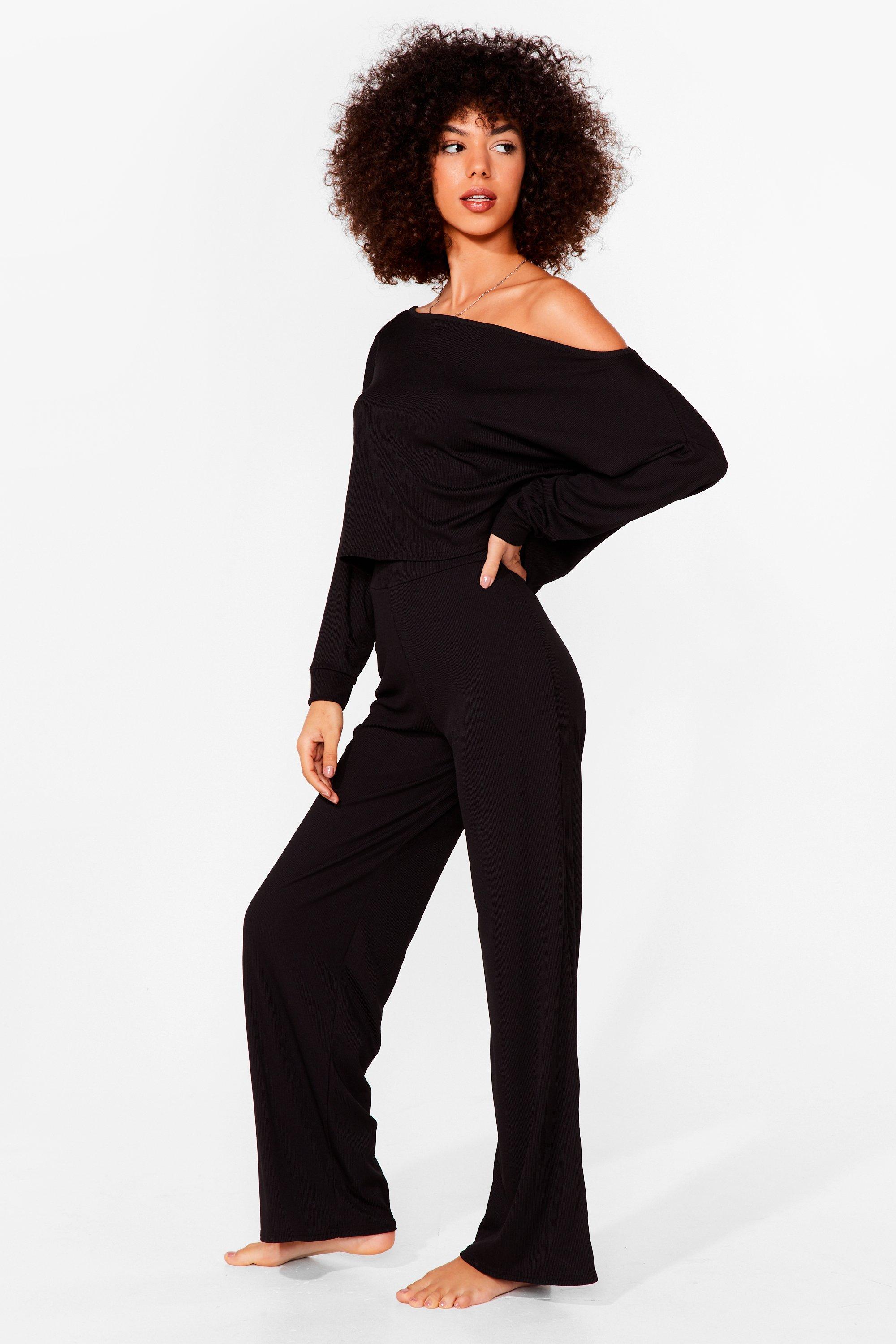 Off the Shoulder Top and Wide Leg Pants Pajama Set