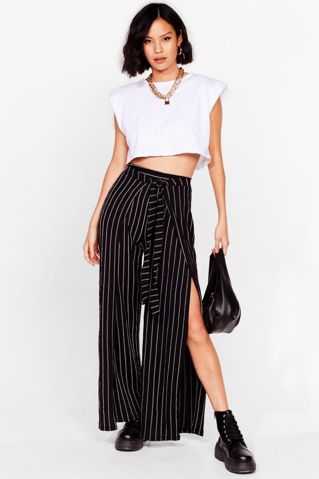 Black Striped Belted Palazzo Pants image number 1