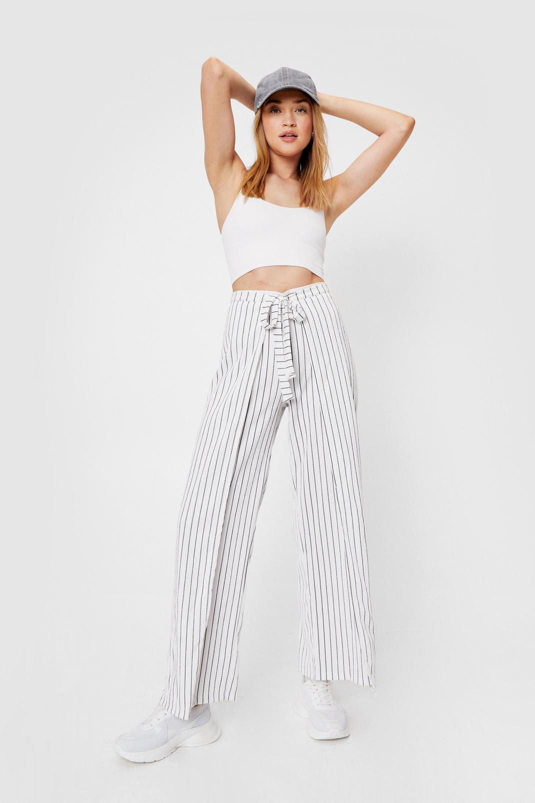 Cream Striped Belted Palazzo Pants image number 1