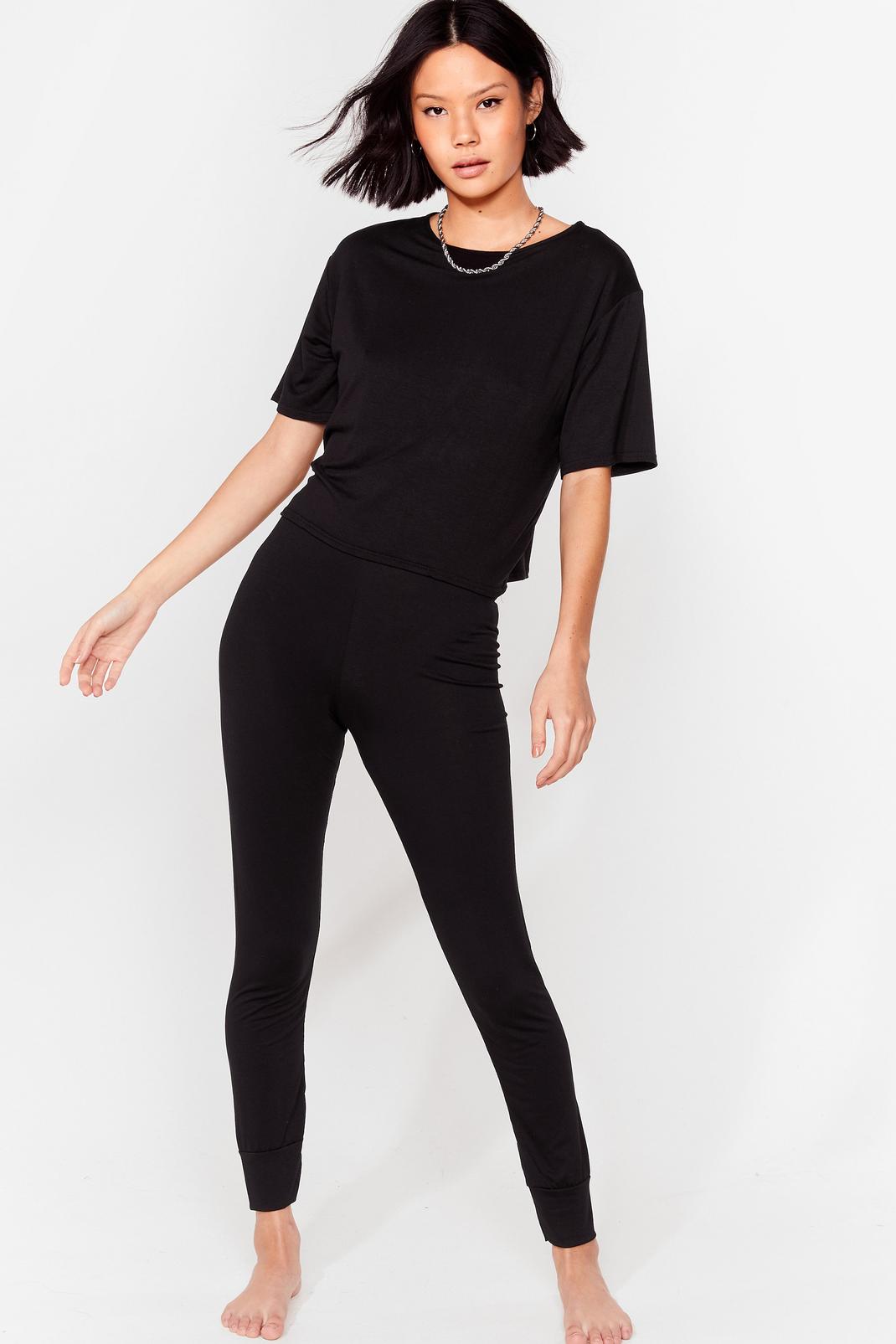 Black T-Shirt and Fitted Joggers Pyjama Set image number 1