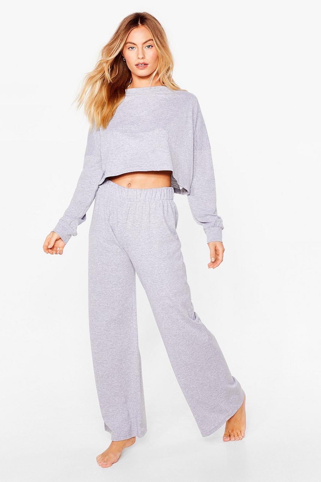 Grey Jersey Crop Top and Wide Leg Trousers Set image number 1