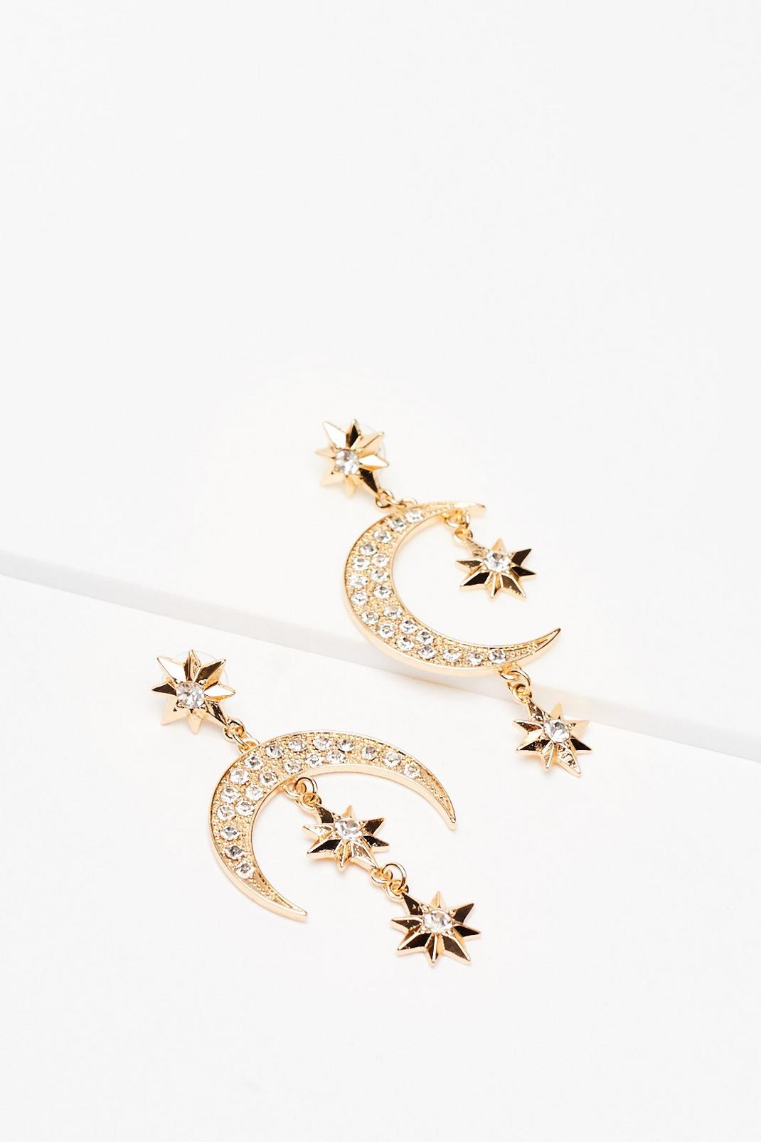 Gold Diamante Hoop Drop Star Sun Earrings image number 1