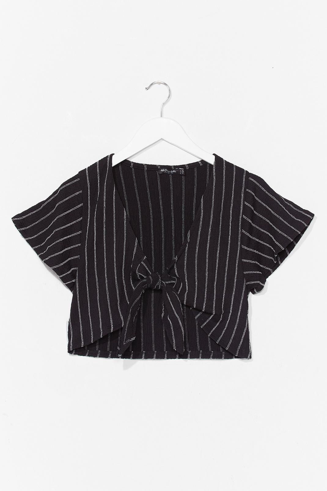 Black Striped Relaxed Tie Front Crop Top image number 1