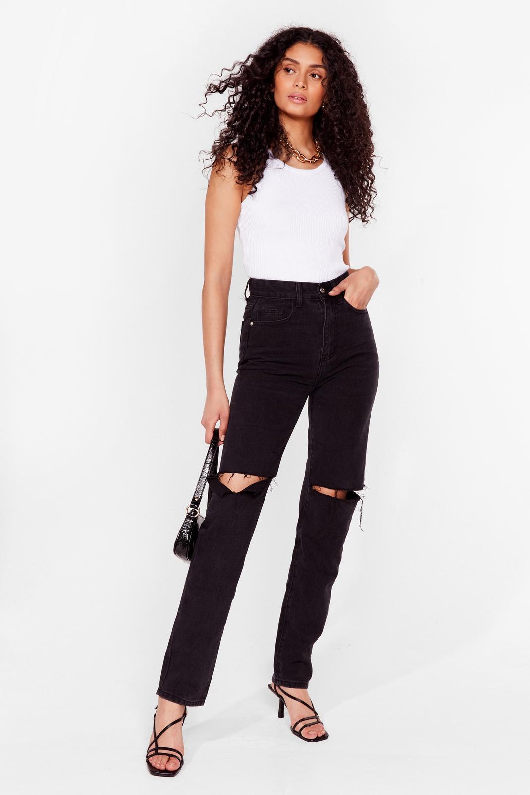 Washed black Ripped Straight Leg Mom Jeans image number 1