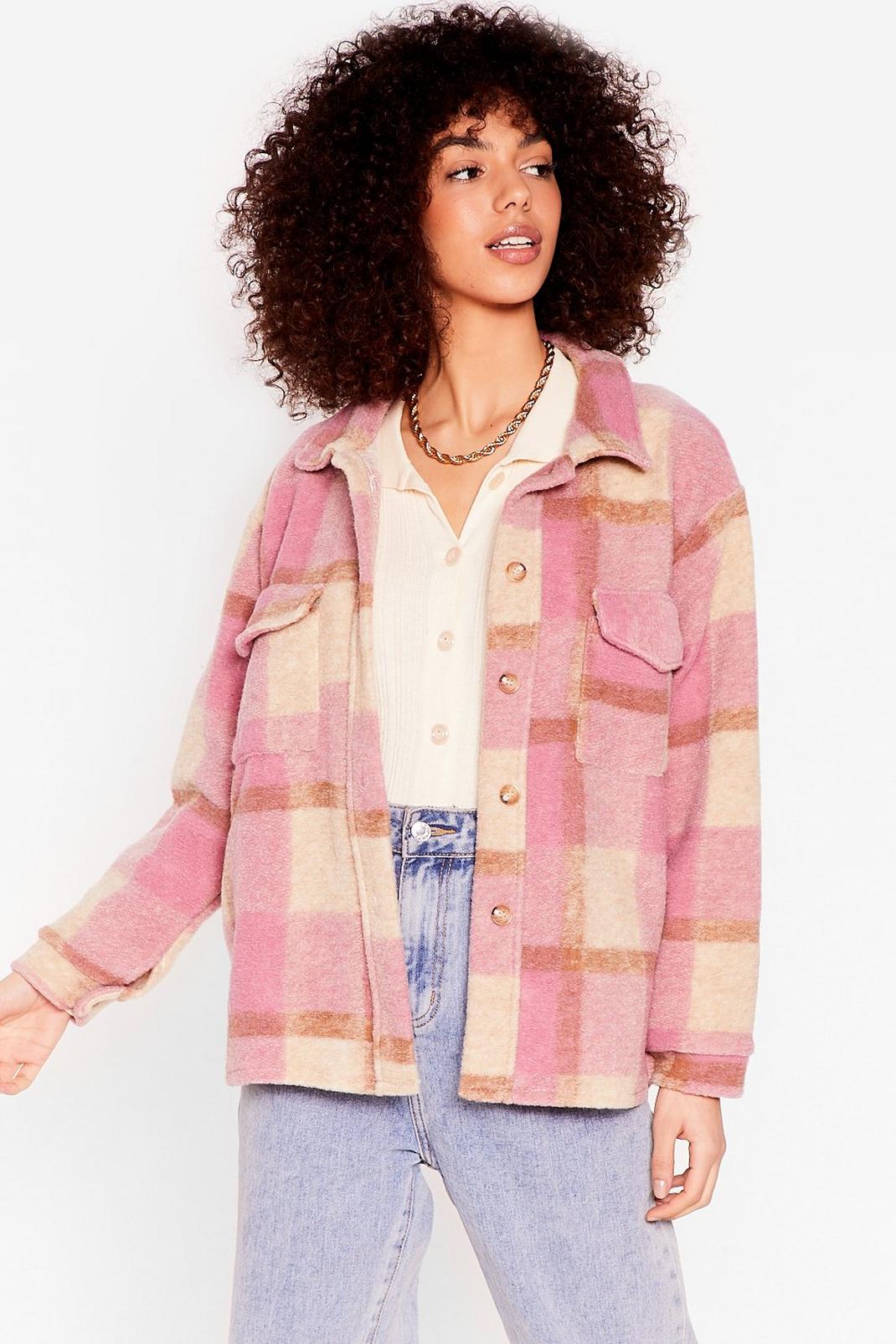 Pink Faux Wool Check Oversized Jacket image number 1