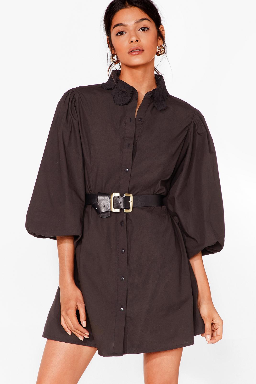 Black Lace Collar Puff Sleeve Shirt Dress image number 1