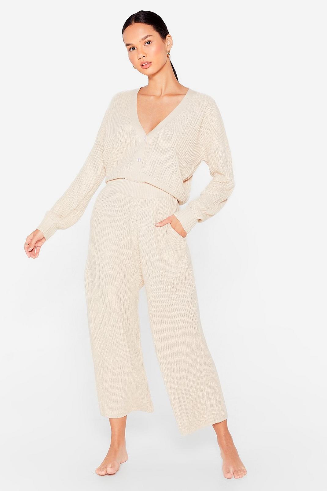 Oatmeal Let Knit Snow Cropped Cardigan and Wide-Leg Trousers Set image number 1