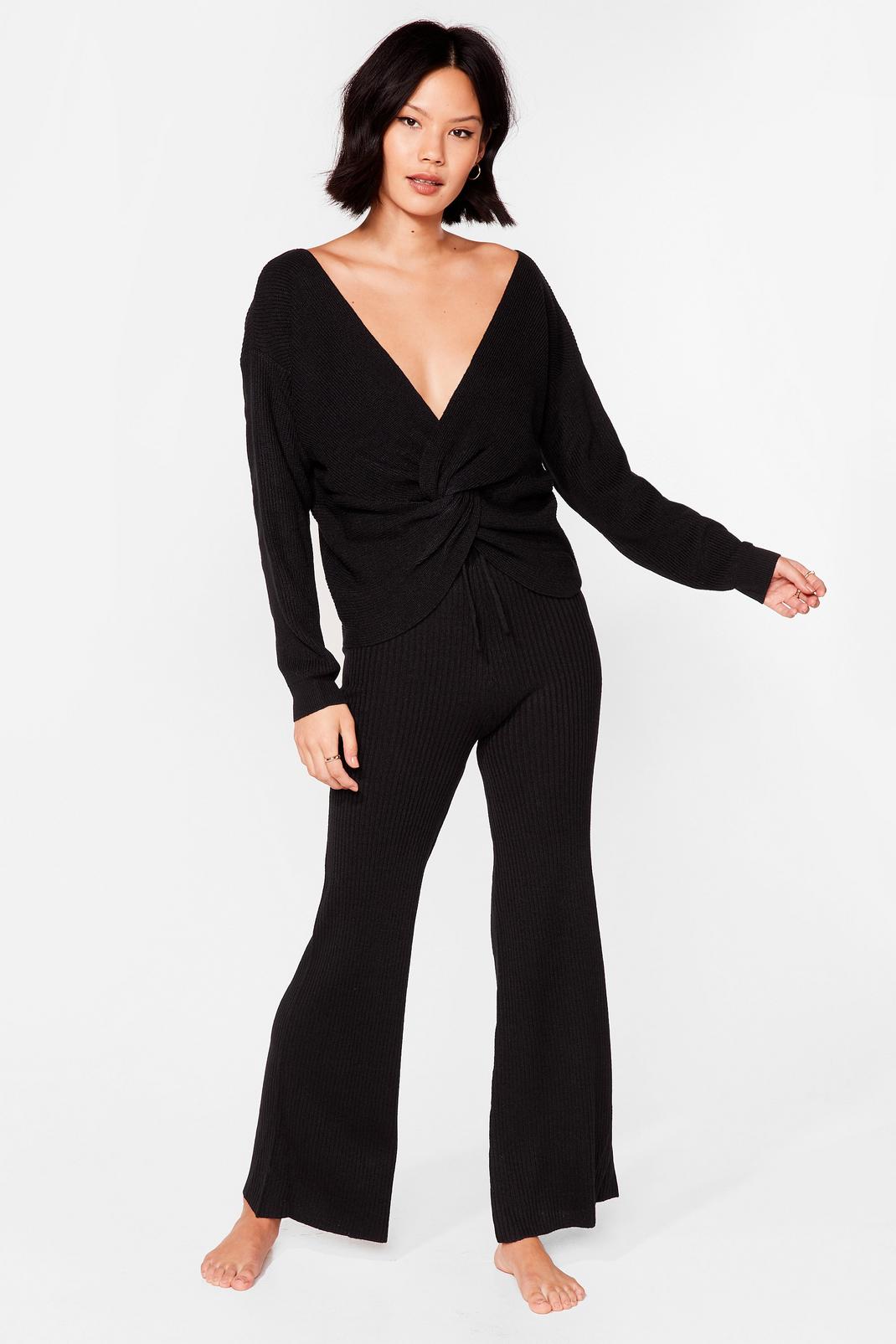 Black Twist the Truth Knit Wide-Leg Trousers Lounge Set image number 1