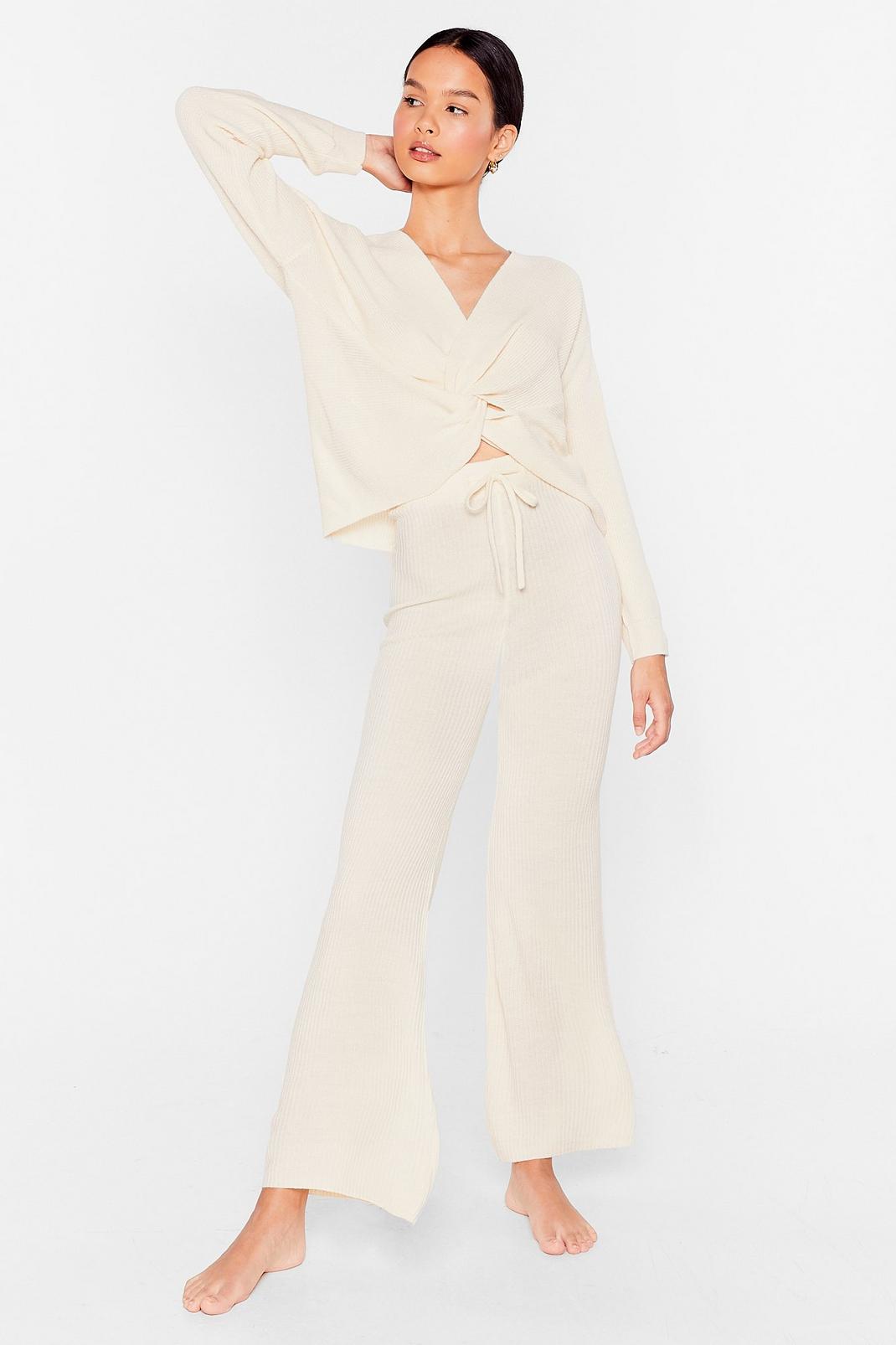 Oatmeal Twist the Truth Knit Wide-Leg Trousers Lounge Set image number 1