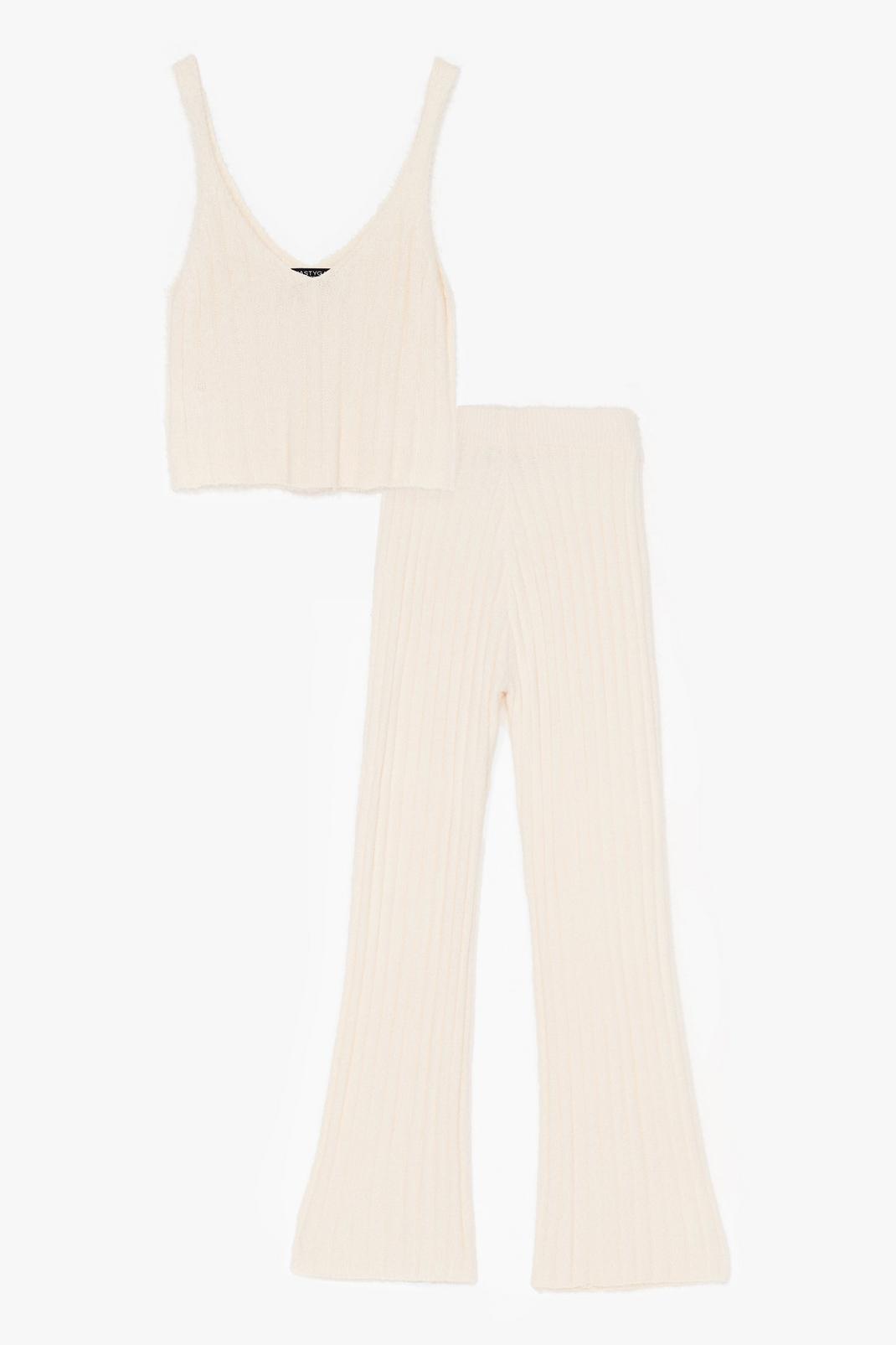 Cream Ribbed Knit Wide Leg Trousers Set image number 1
