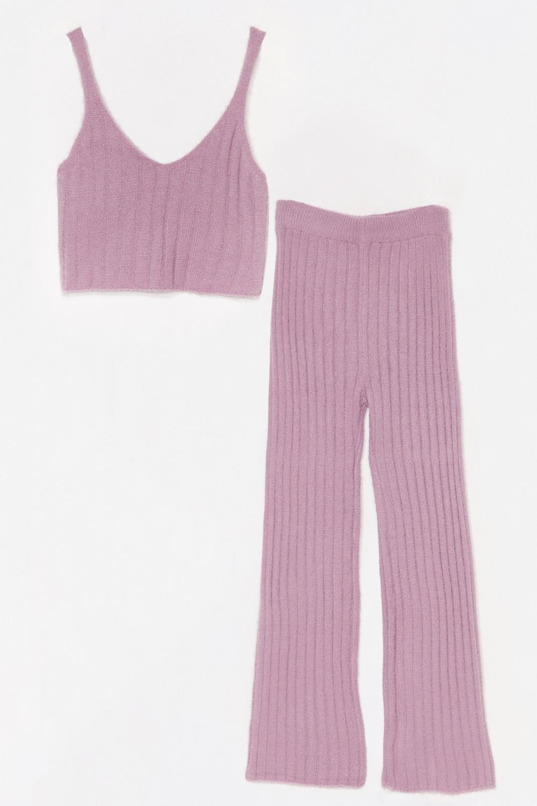 Lilac Ribbed Knit Wide Leg Trousers Set image number 1