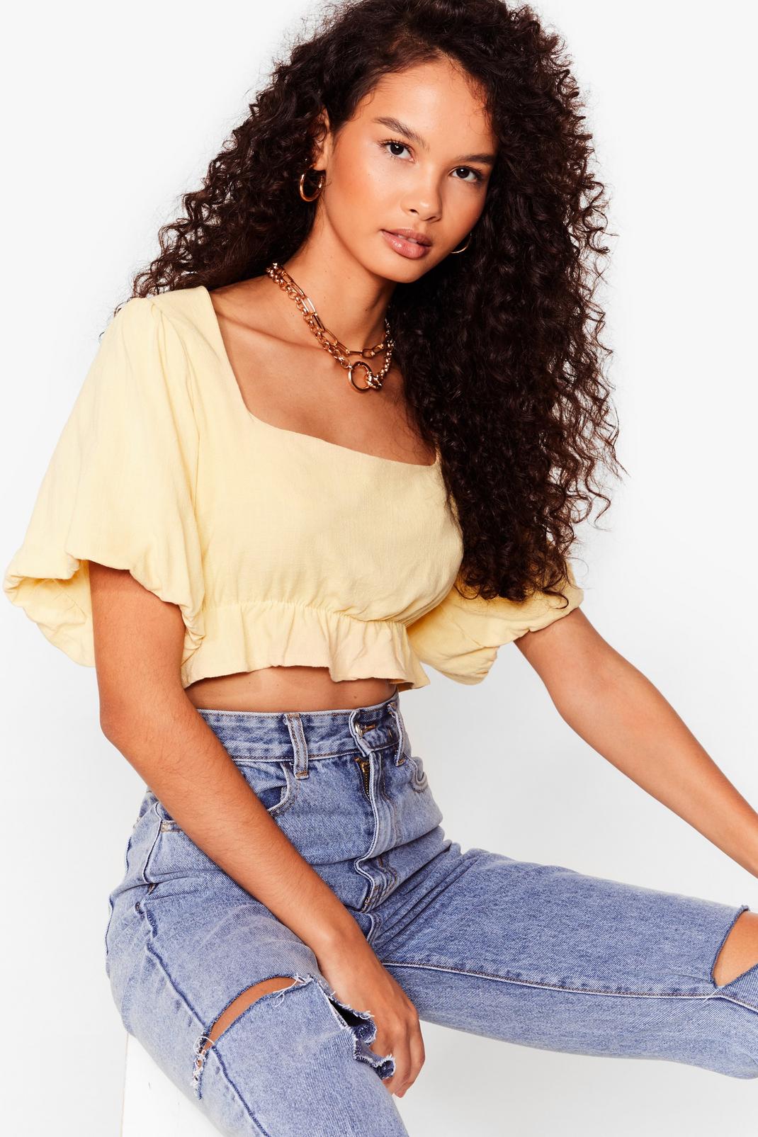 Square on Track Puff Sleeve Crop Top image number 1