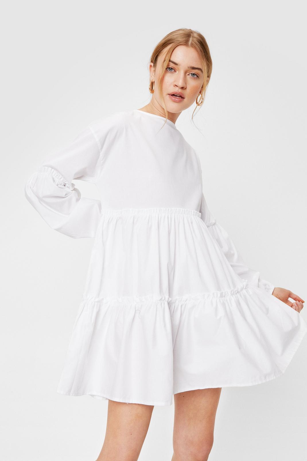White Long Sleeve Tiered Smock Mini Dress image number 1