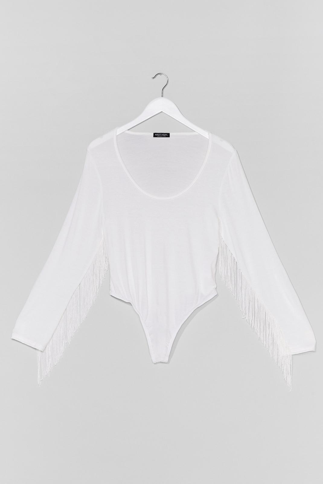 White Plus Size Fringe Long Sleeve Bodysuit image number 1