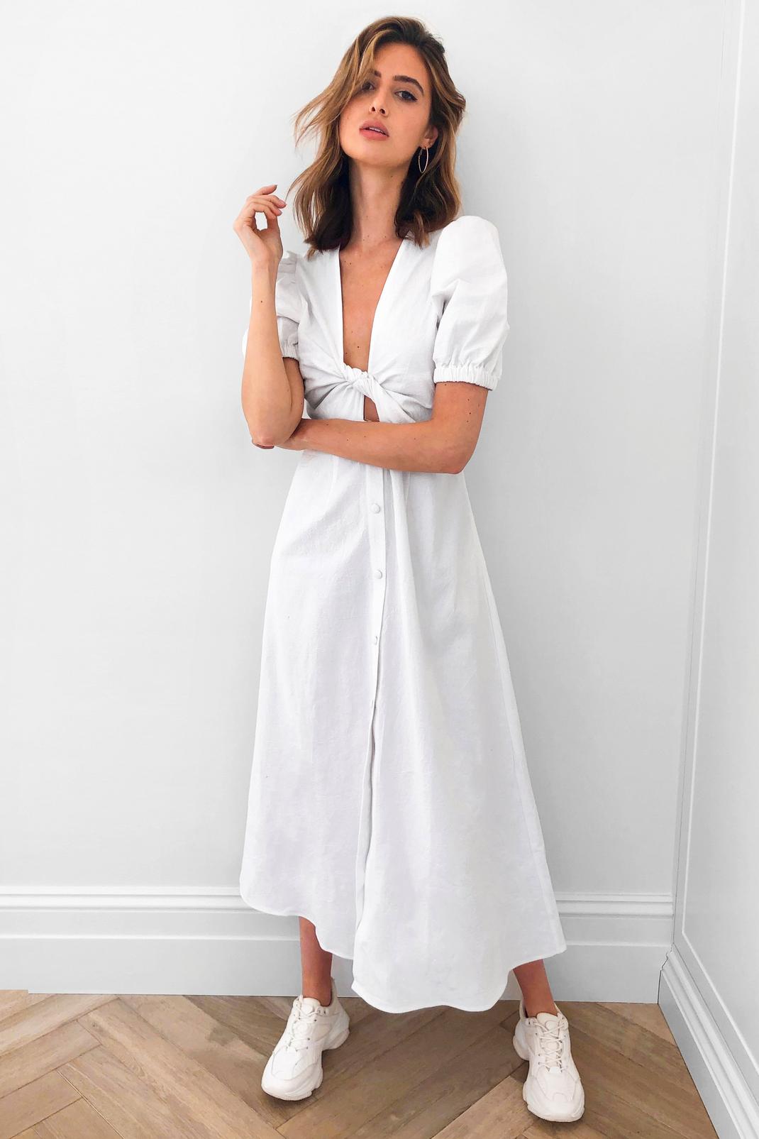 White Cut Out V Neck Button Maxi Dress image number 1