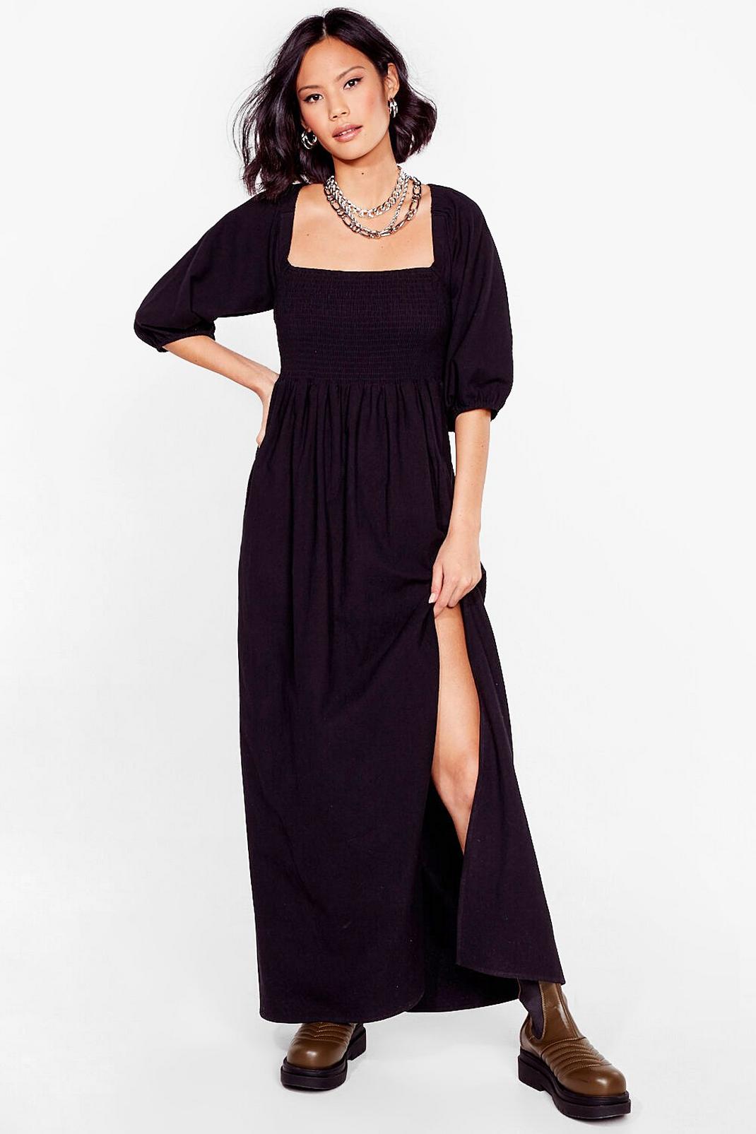 Black Shirred Puff Sleeve Maxi Slit Dress image number 1