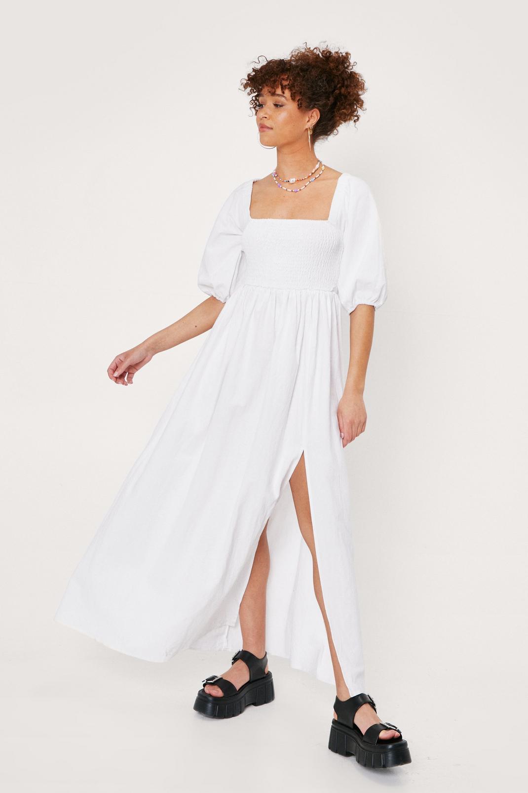 White Shirred Puff Sleeve Maxi Slit Dress image number 1