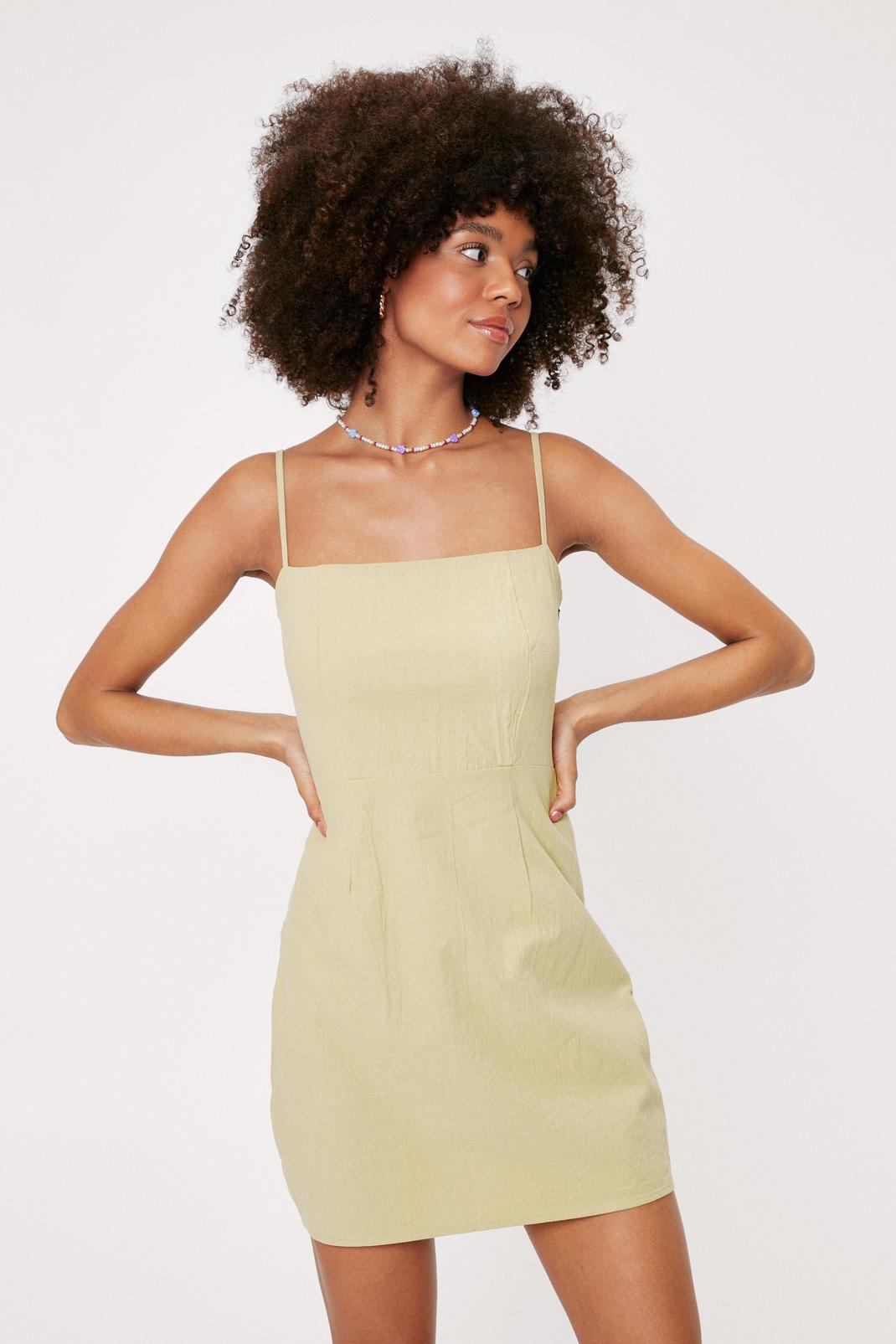 Green Linen Square Neck Strappy Mini Dress image number 1