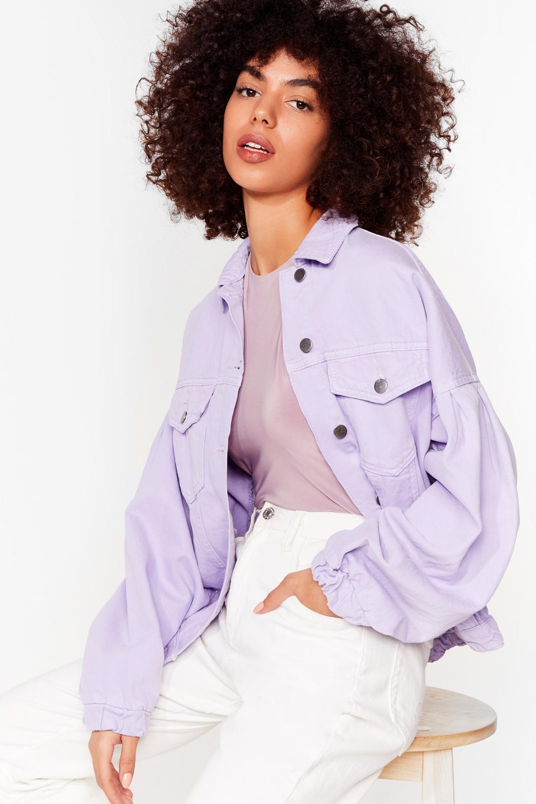Lilac Balloon Sleeve Button Down Denim Jacket image number 1