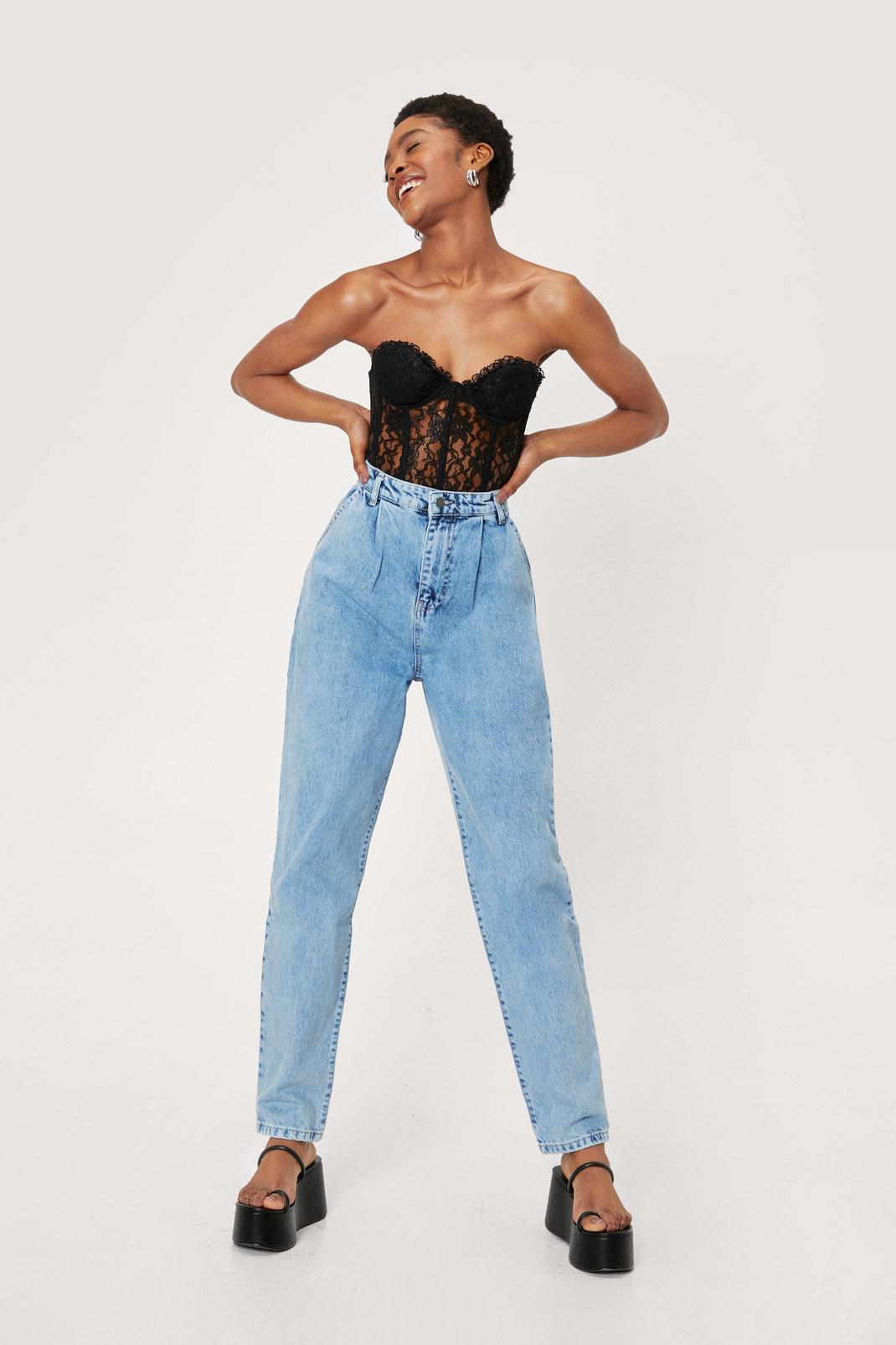 Washed blue High Waisted Mom Jeans image number 1