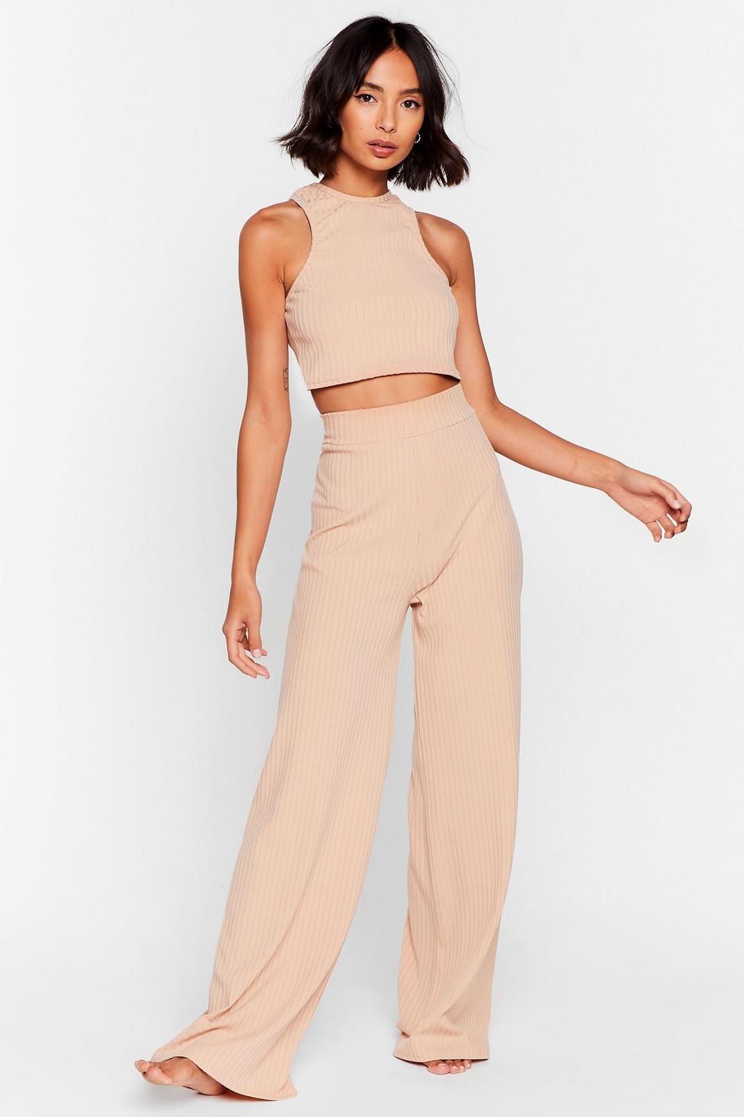 Stone Racerback to Bed Ribbed Wide-Leg Trousers Lounge Set image number 1