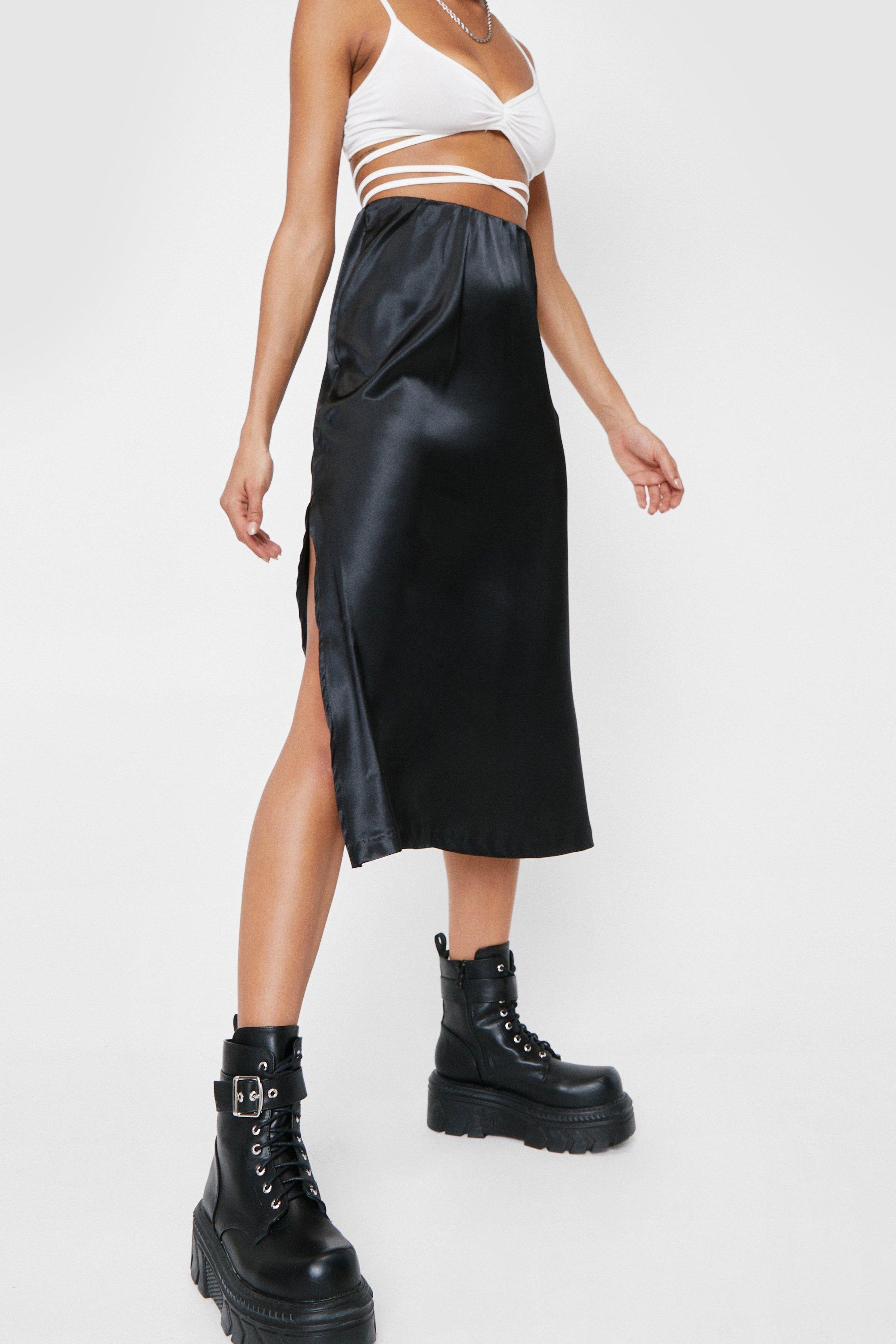 Black satin midi 2025 skirt with split