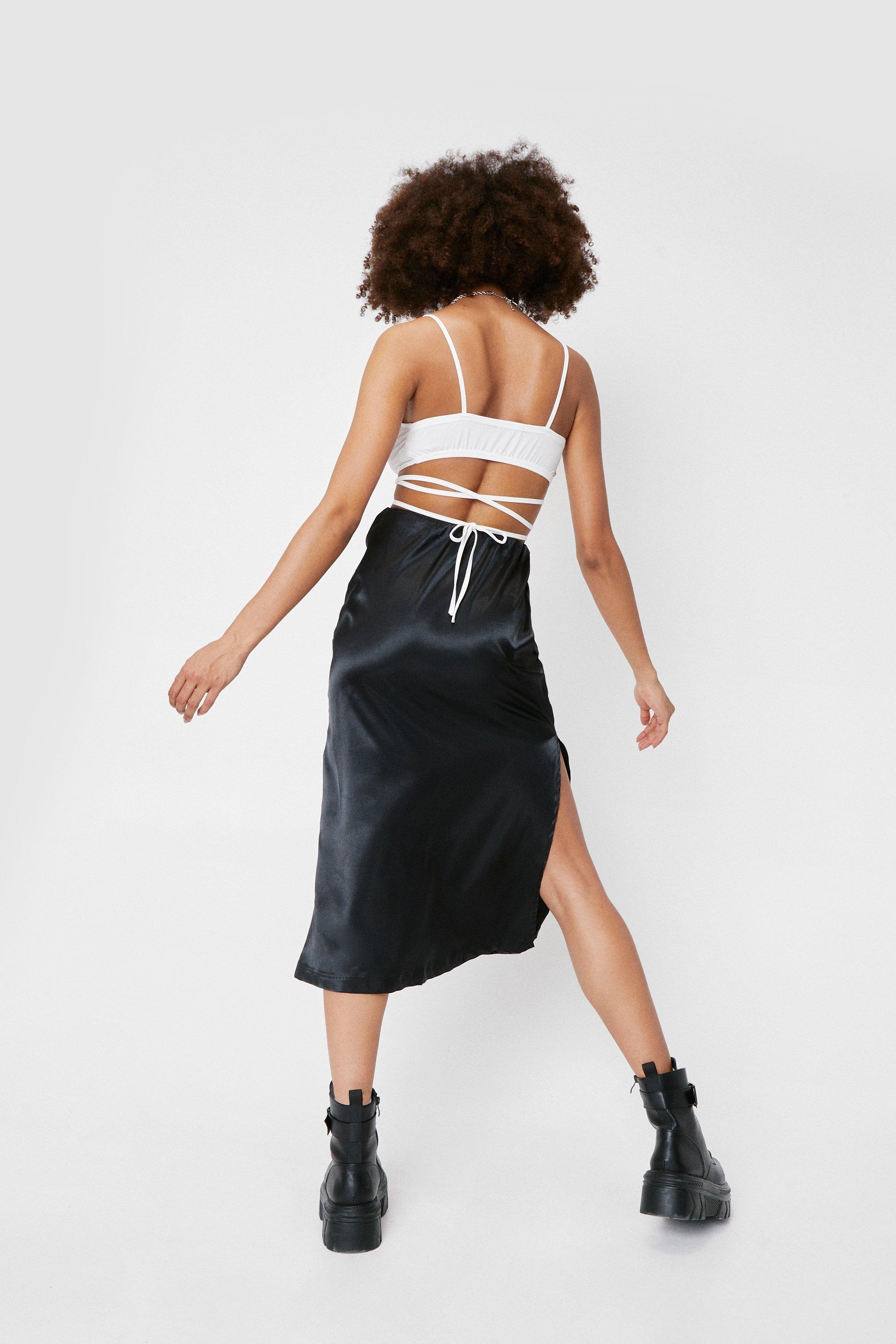 High Waisted Satin Side Split Midi Skirt