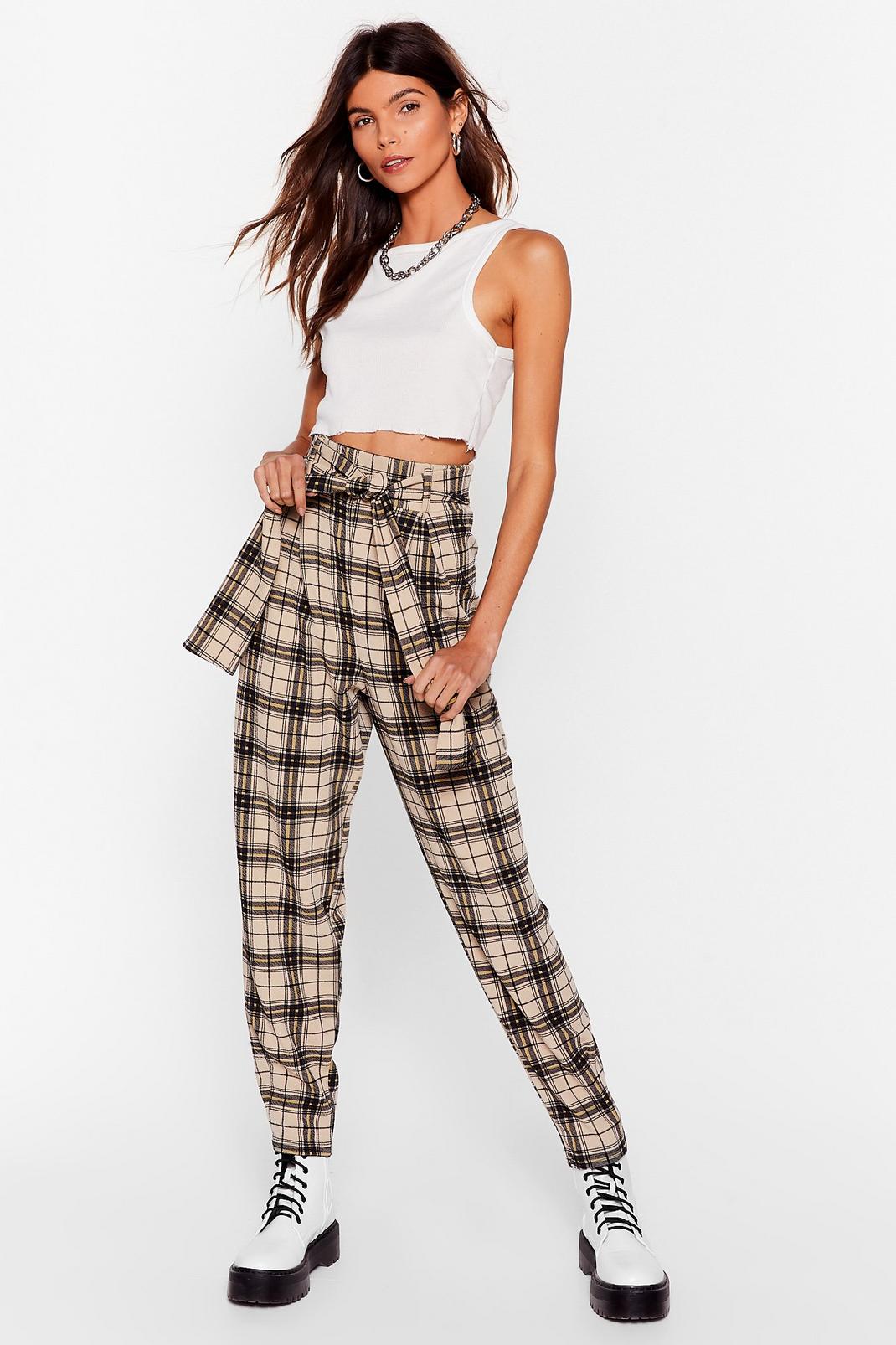 Beige Check High Waisted Belted Pants image number 1