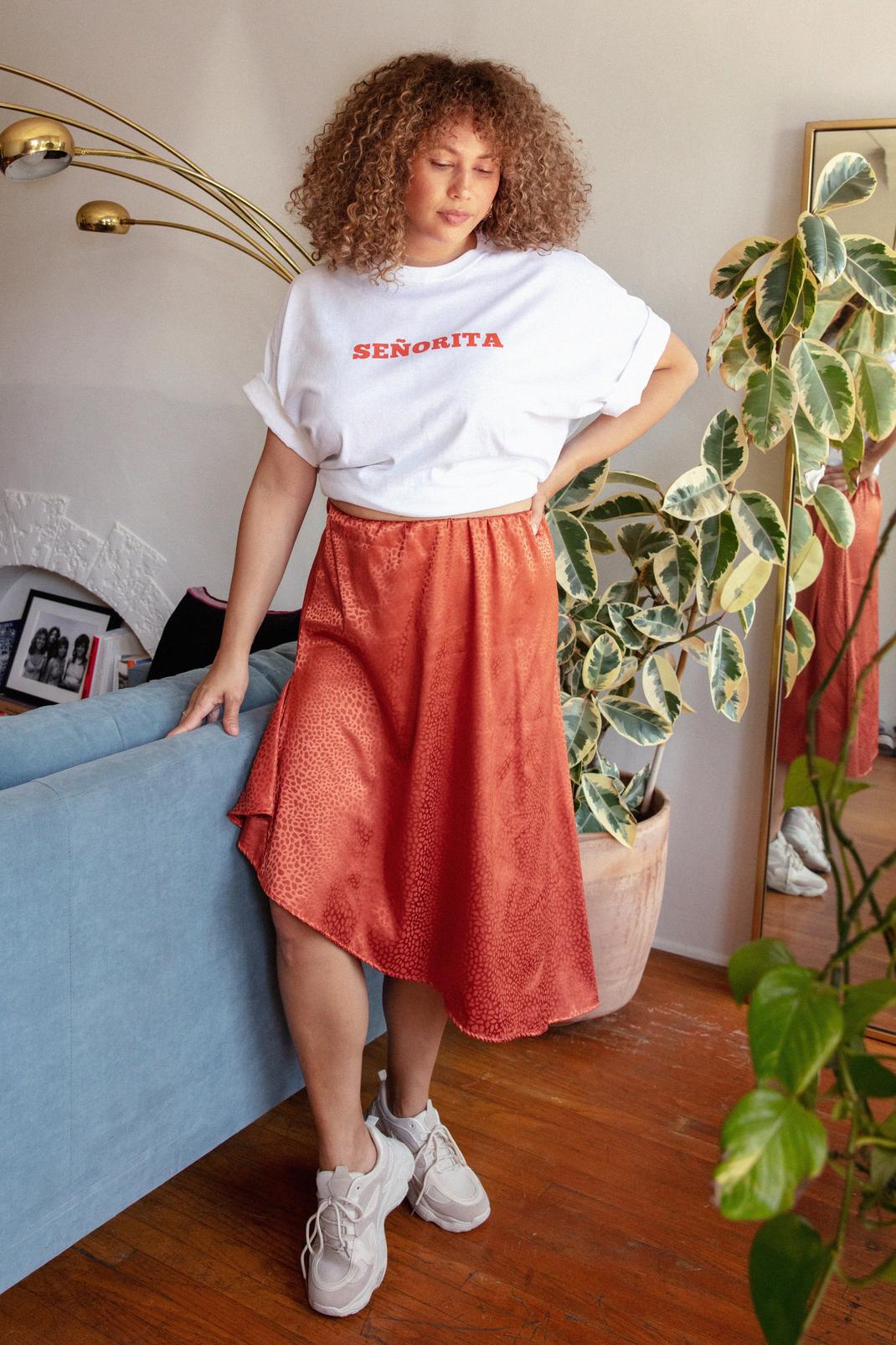 Rust Plus Size Jacquard Asymmetric Midi Skirt image number 1