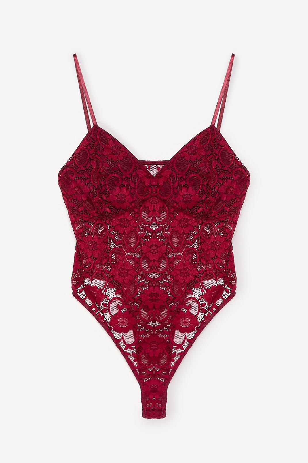 Burgundy Plus Size Lace Cupped Thong Bodysuit image number 1