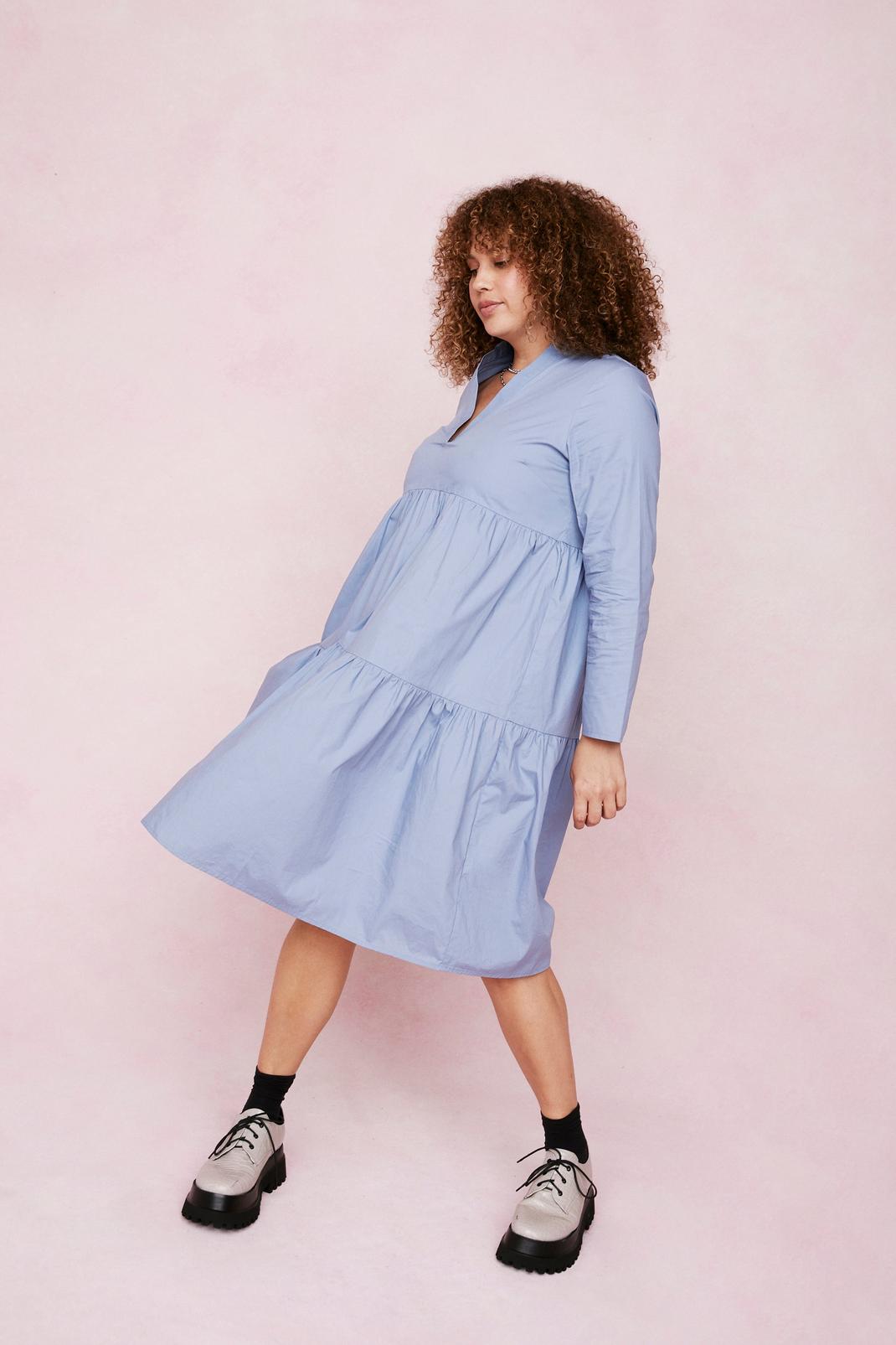 Blue Plus Size Long Sleeve Tiered Midi Dress image number 1