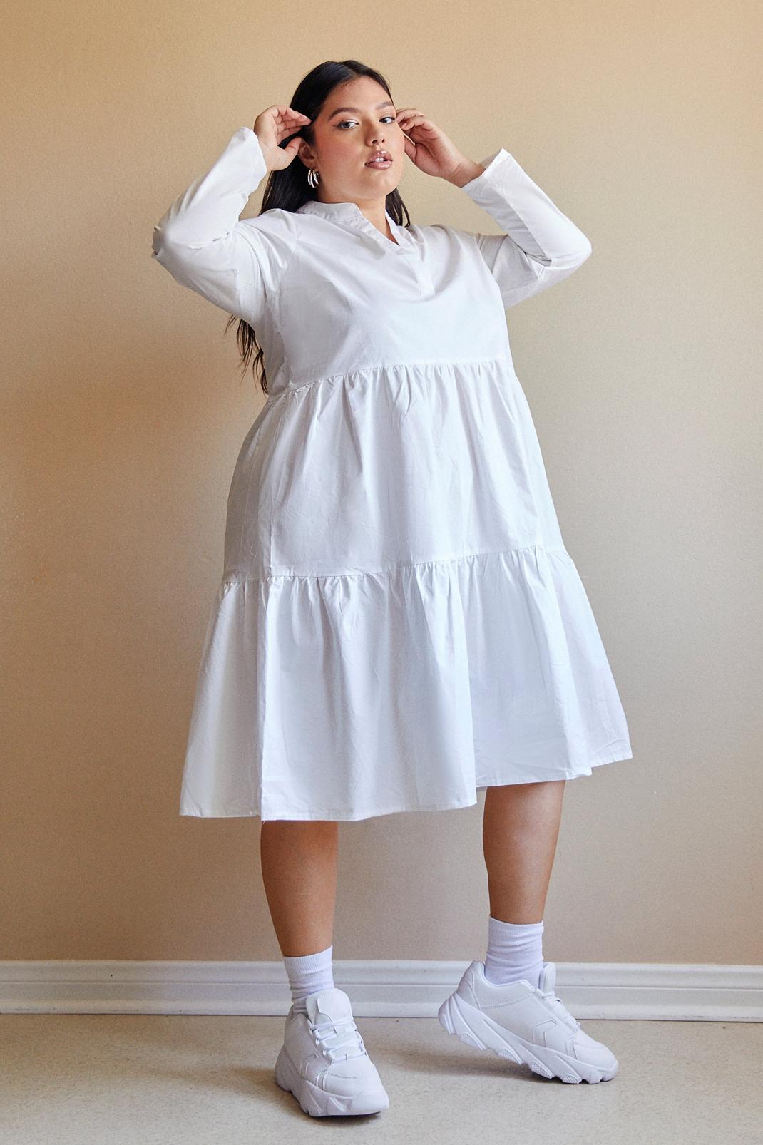 White Plus Size Long Sleeve Tiered Midi Dress image number 1