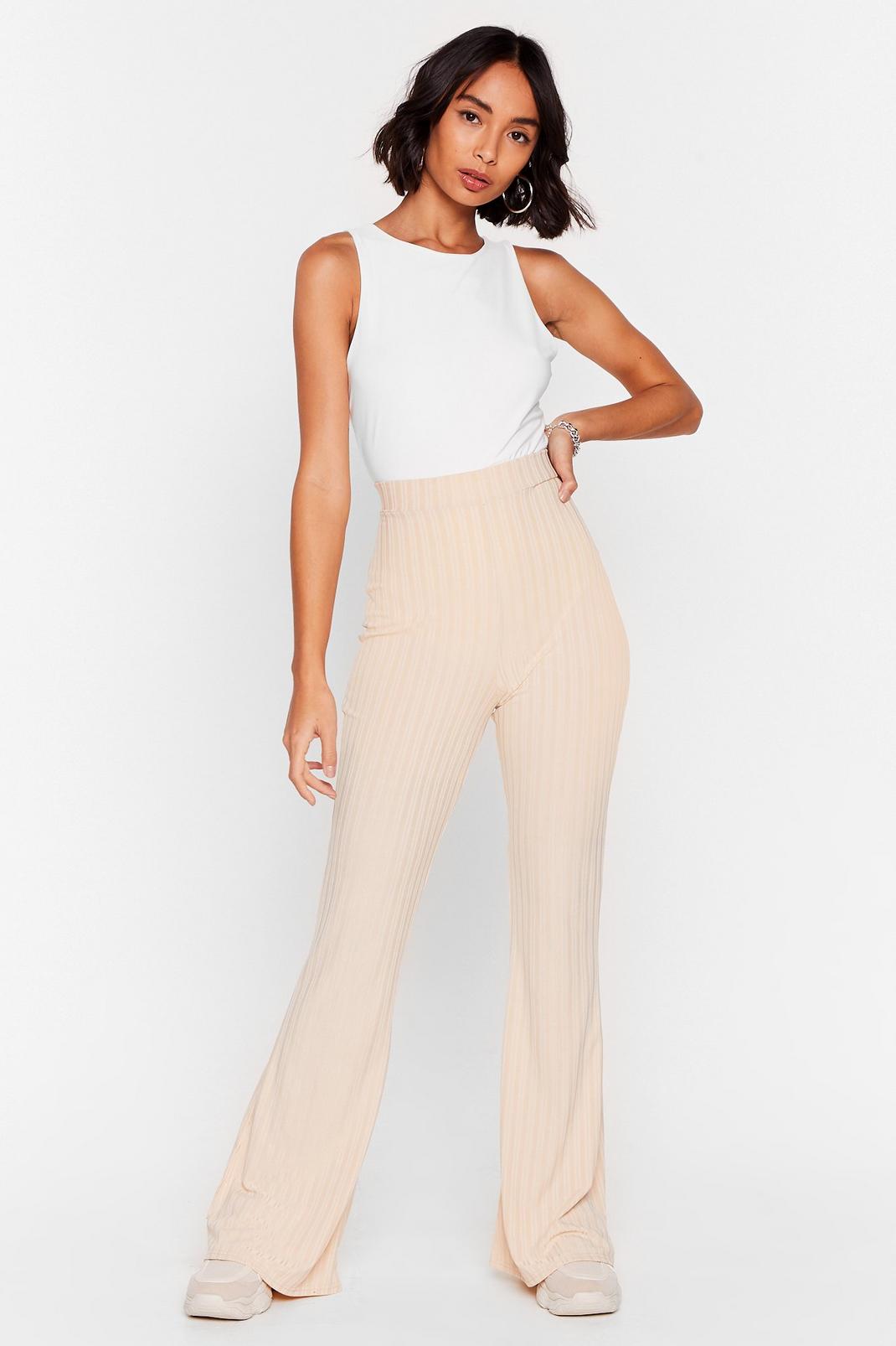 Cream Ribbed High Waisted Flare Pants image number 1