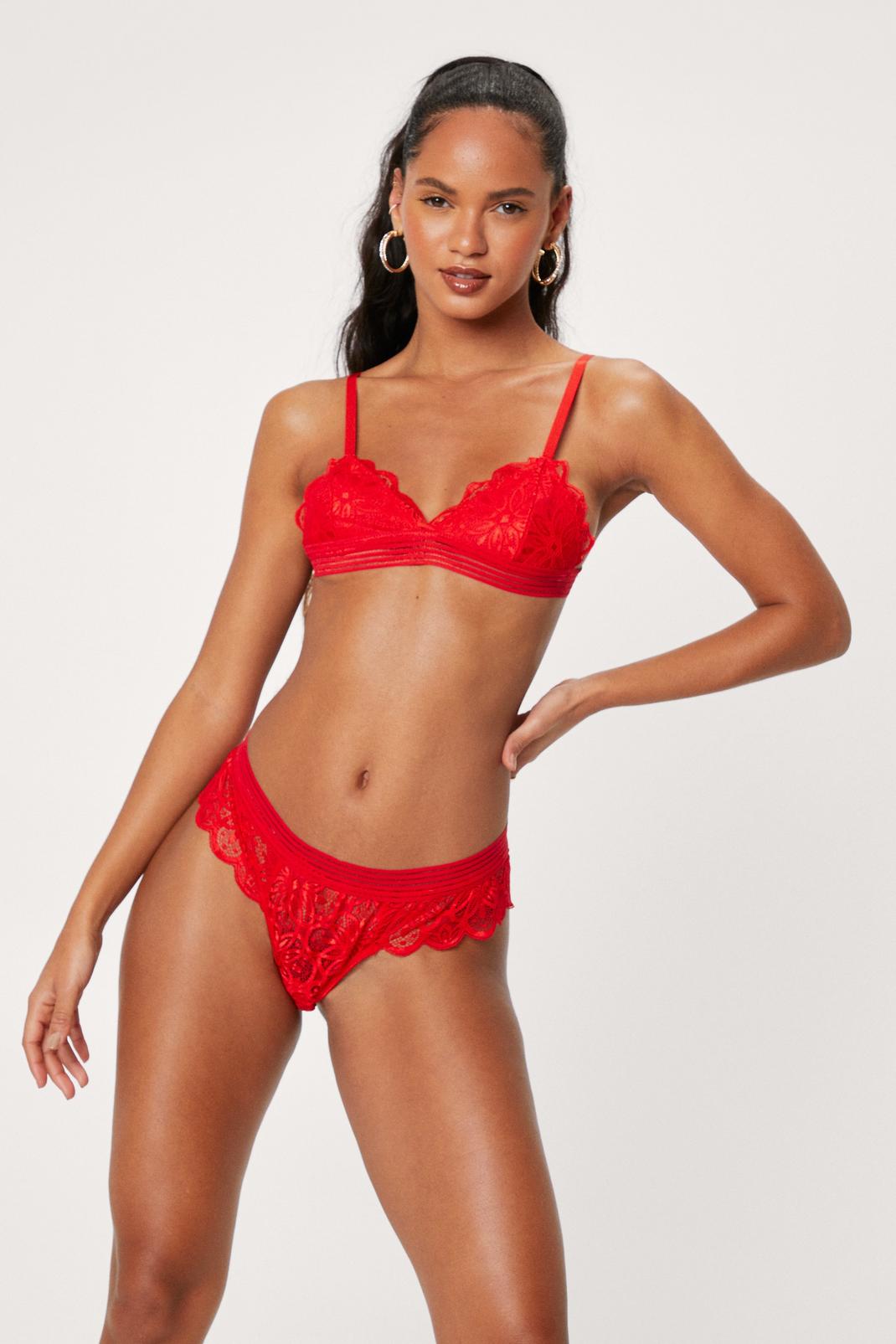 Red Lace Triangle Bralette and High Leg Knickers Set image number 1