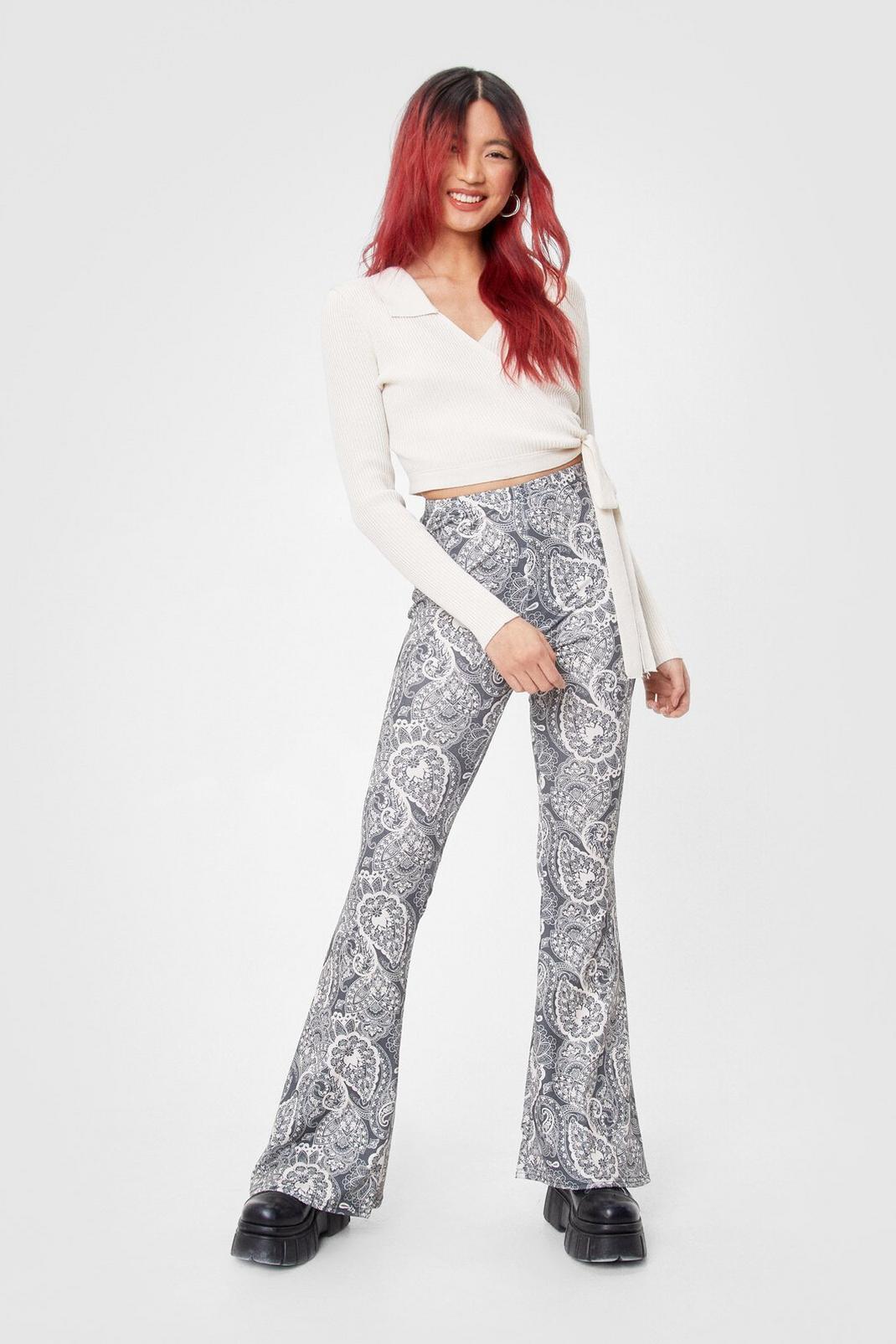 Grey Paisley Print High Waisted Flare Trousers image number 1