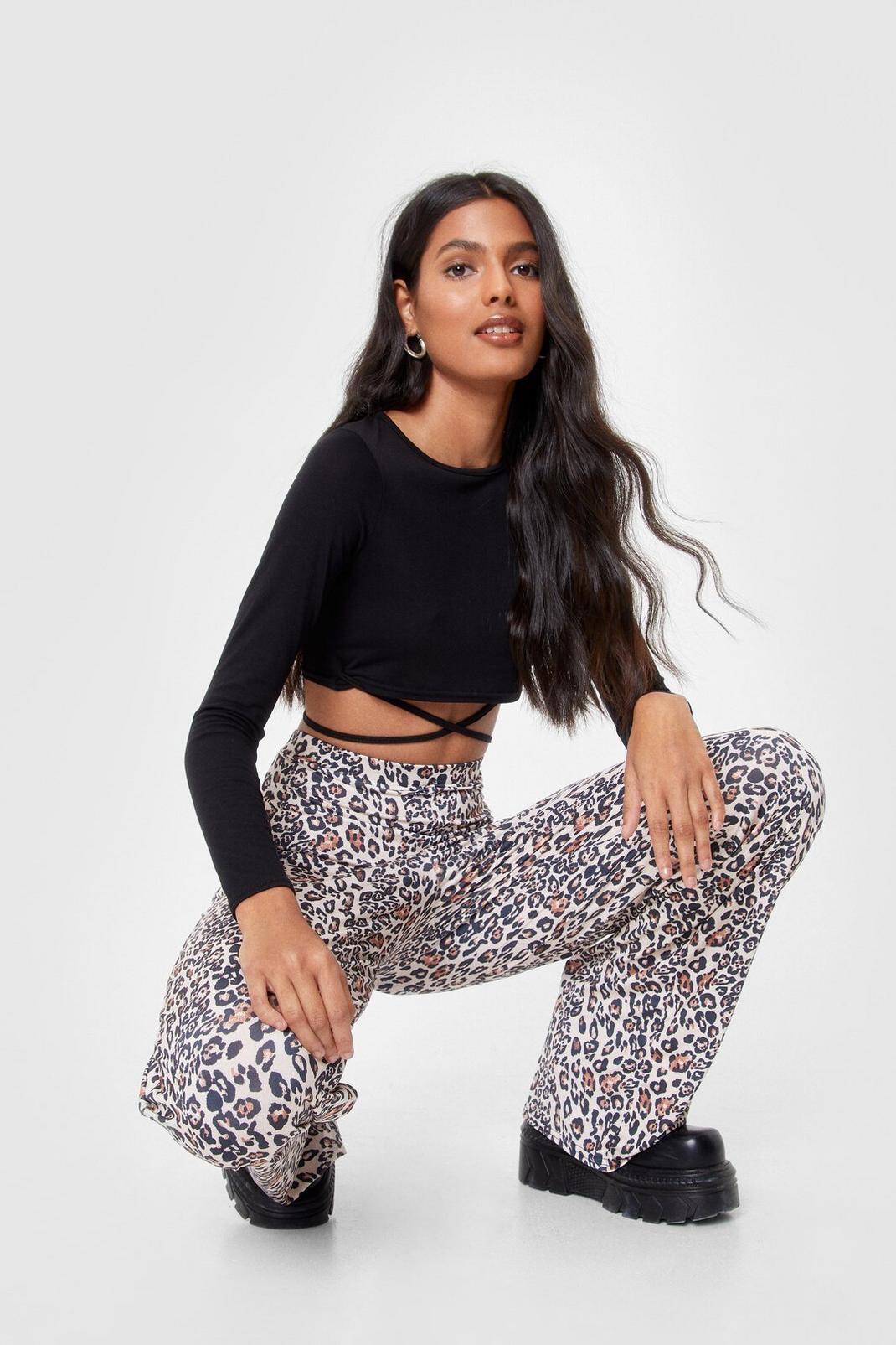 Brown Leopard Wide Leg High Waisted Pants image number 1